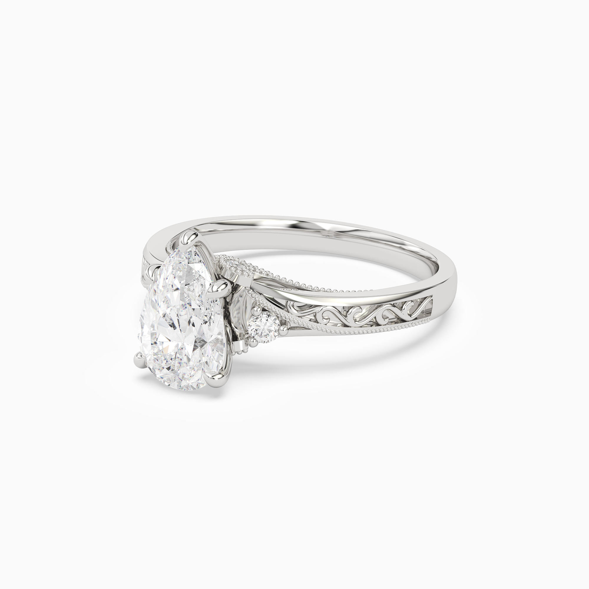 Pear Engraved Vintage Side Stone Ring in Platinum top angle
