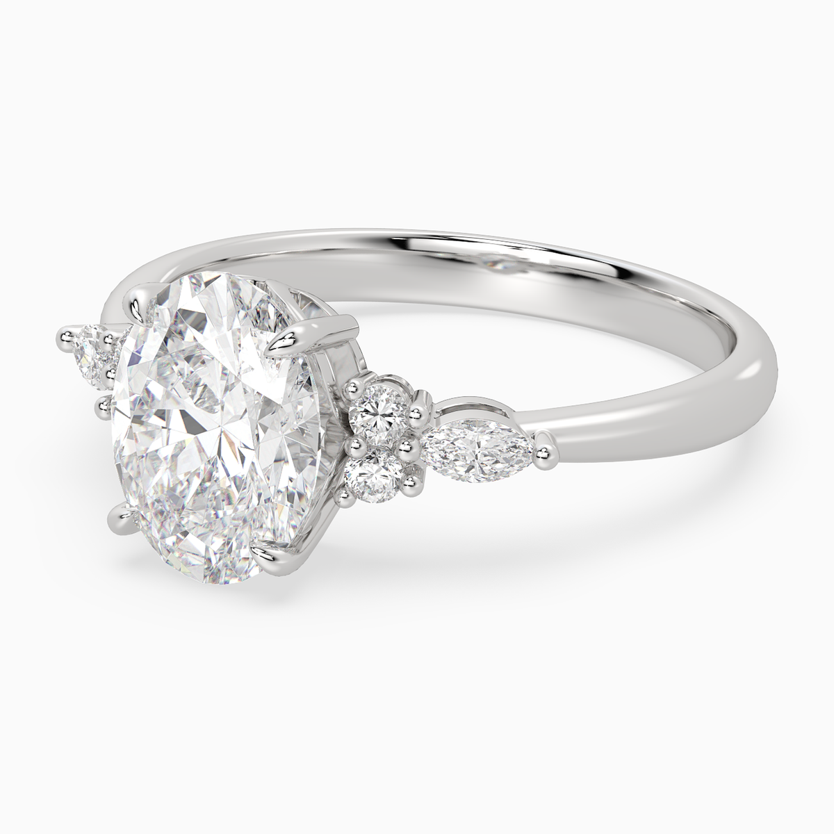 Oval Composite Floral Side Stone in 14K White Gold top angle