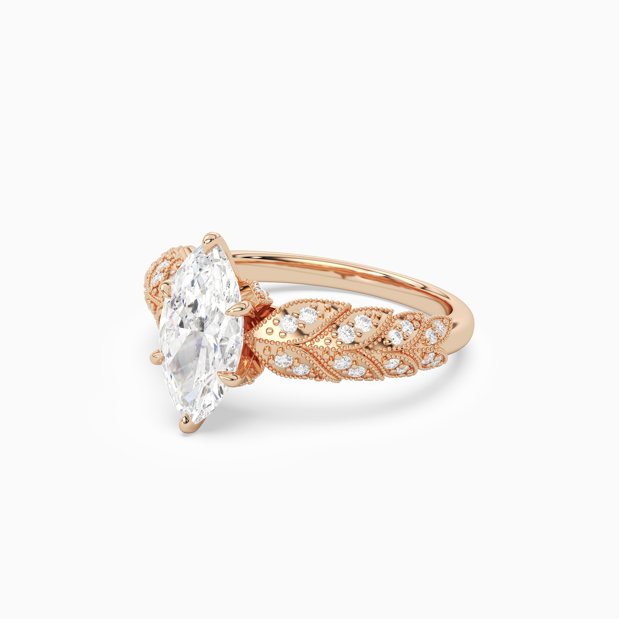 Marquise Laurel Nature Side Stone in 14K Rose Gold top angle
