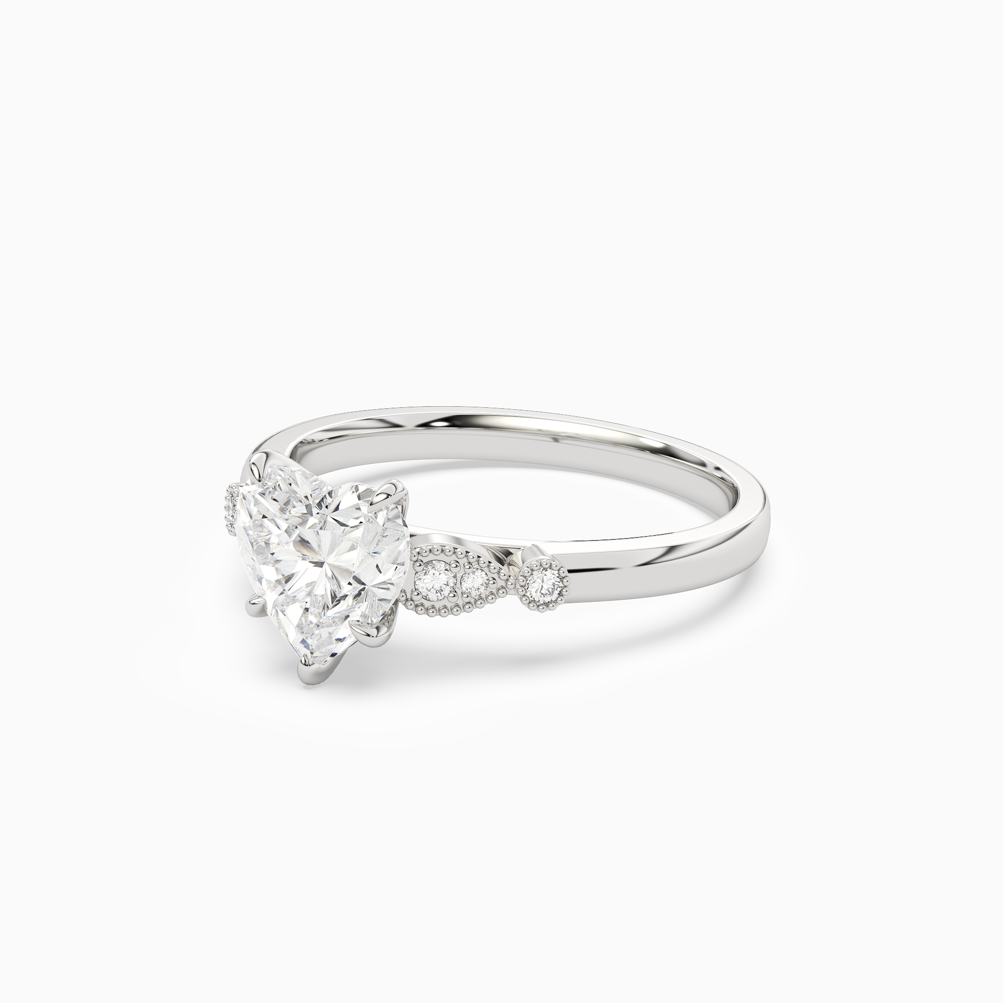 Heart Pear Scroll Side Stone in 18K White Gold top angle