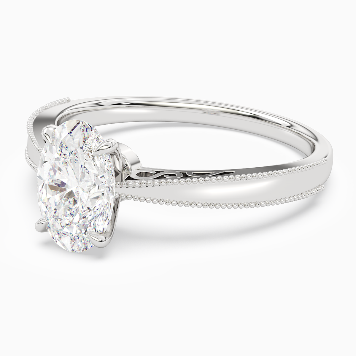 Oval Milgrain Edge Solitaire in 14K White Gold top angle