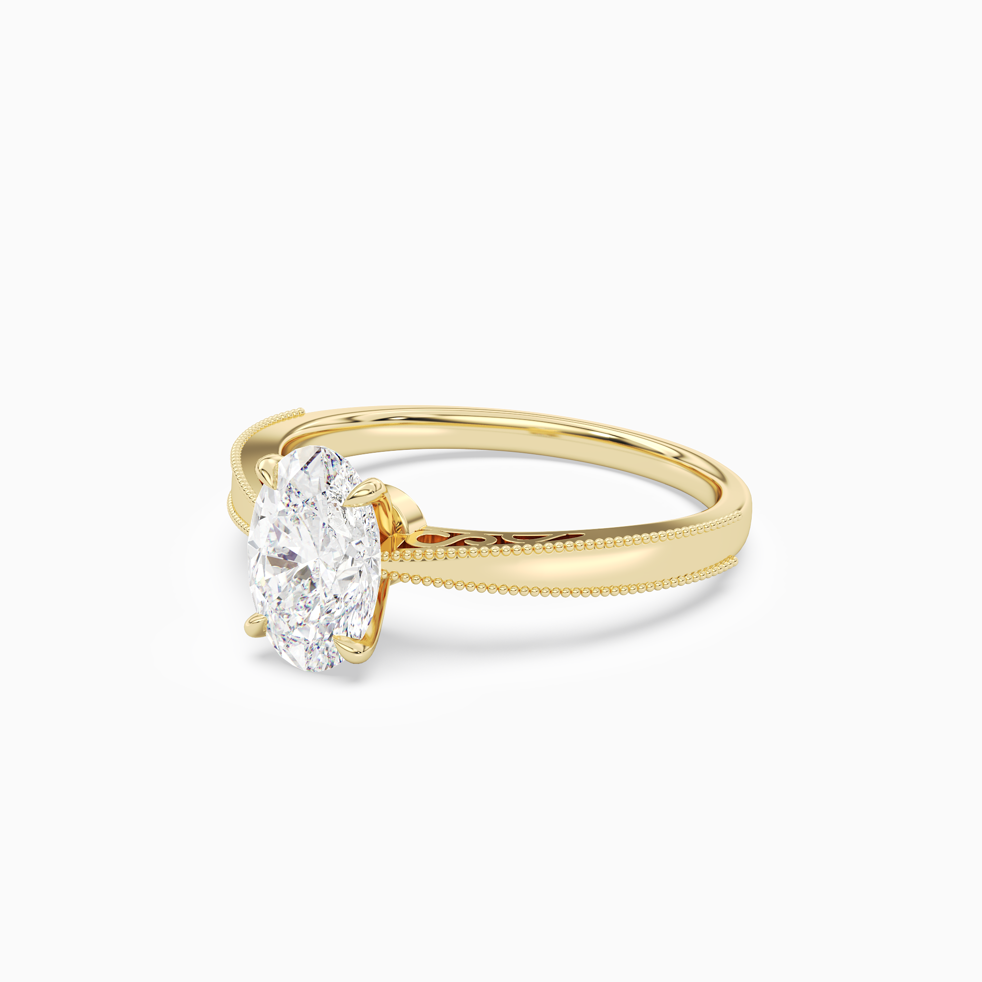 Oval Milgrain Edge Solitaire in 18K Yellow Gold top angle