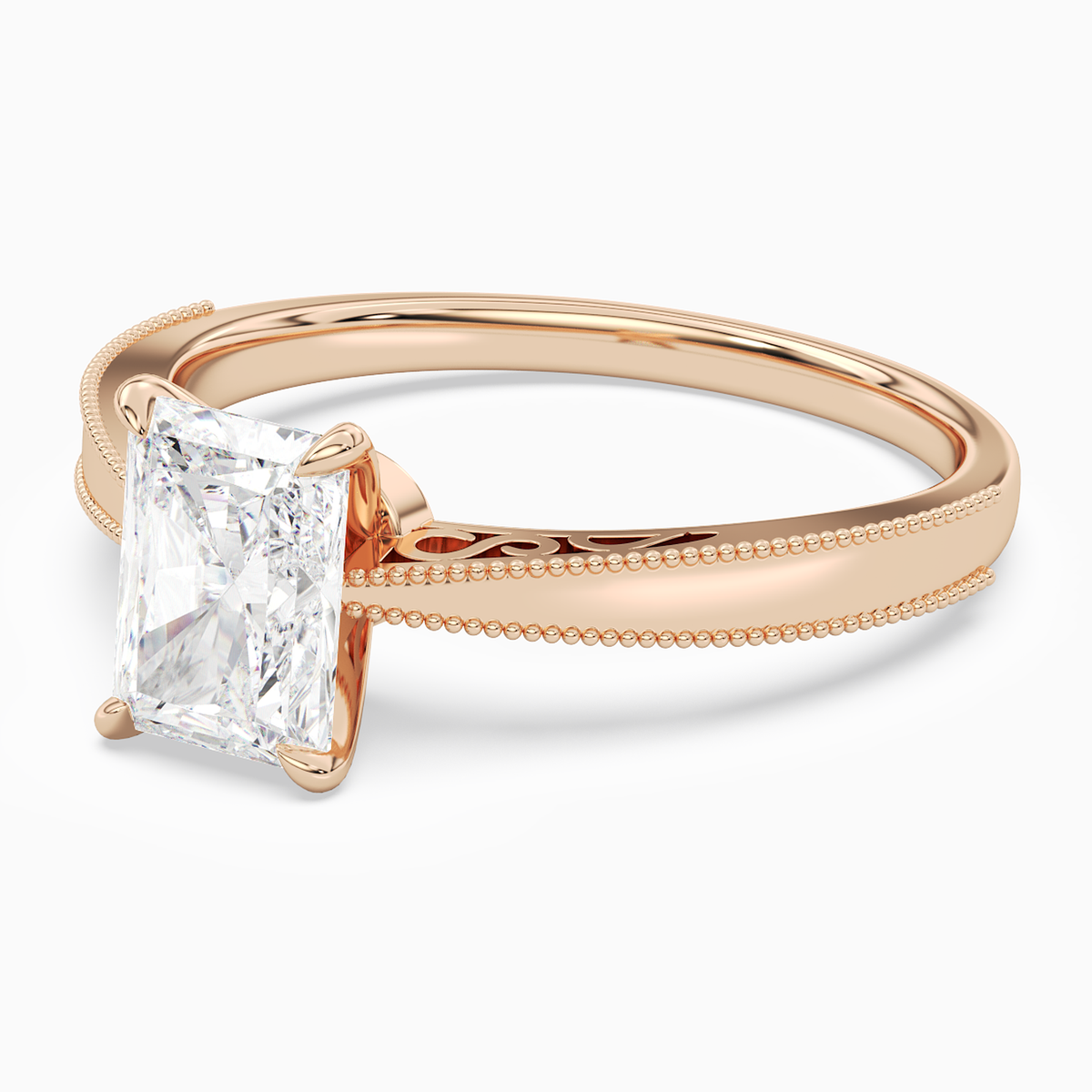Radiant Milgrain Edge Solitaire in 14K Rose Gold top angle