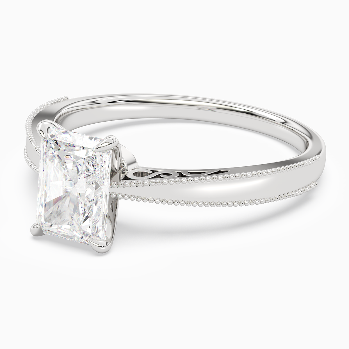 Radiant Milgrain Edge Solitaire in 18K White Gold top angle