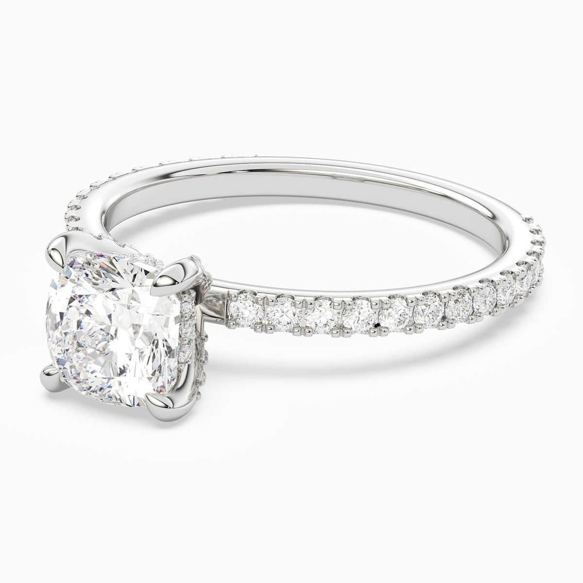 Cushion Hidden Halo Accent Luxe Pavé in Platinum top angle