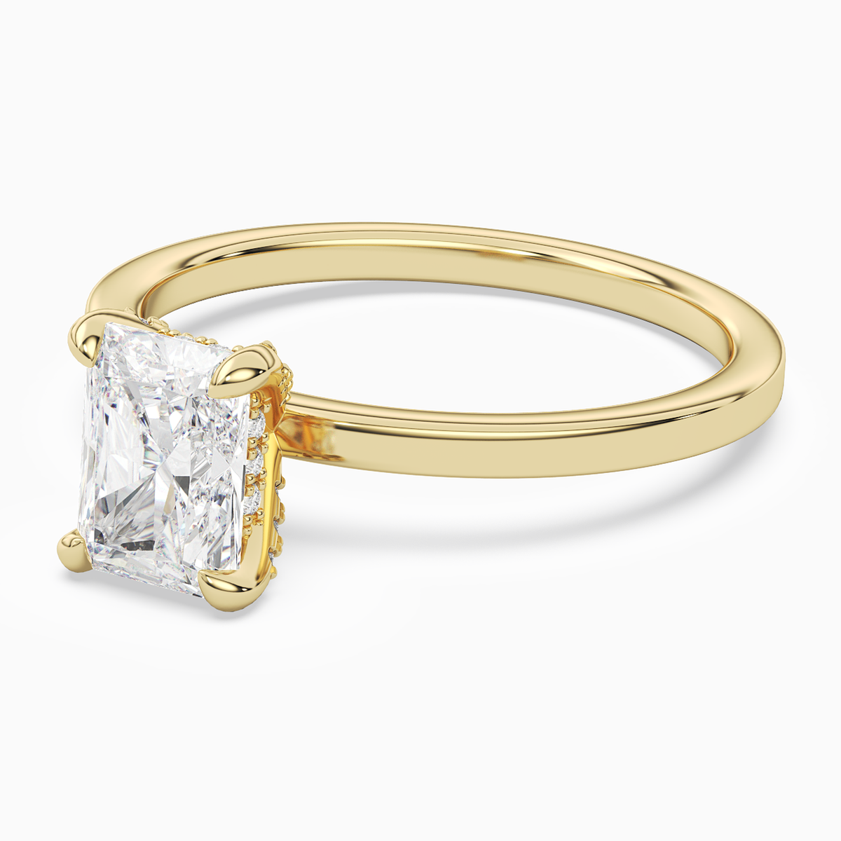Radiant Hidden Halo Accent Plain in 18K Yellow Gold top angle