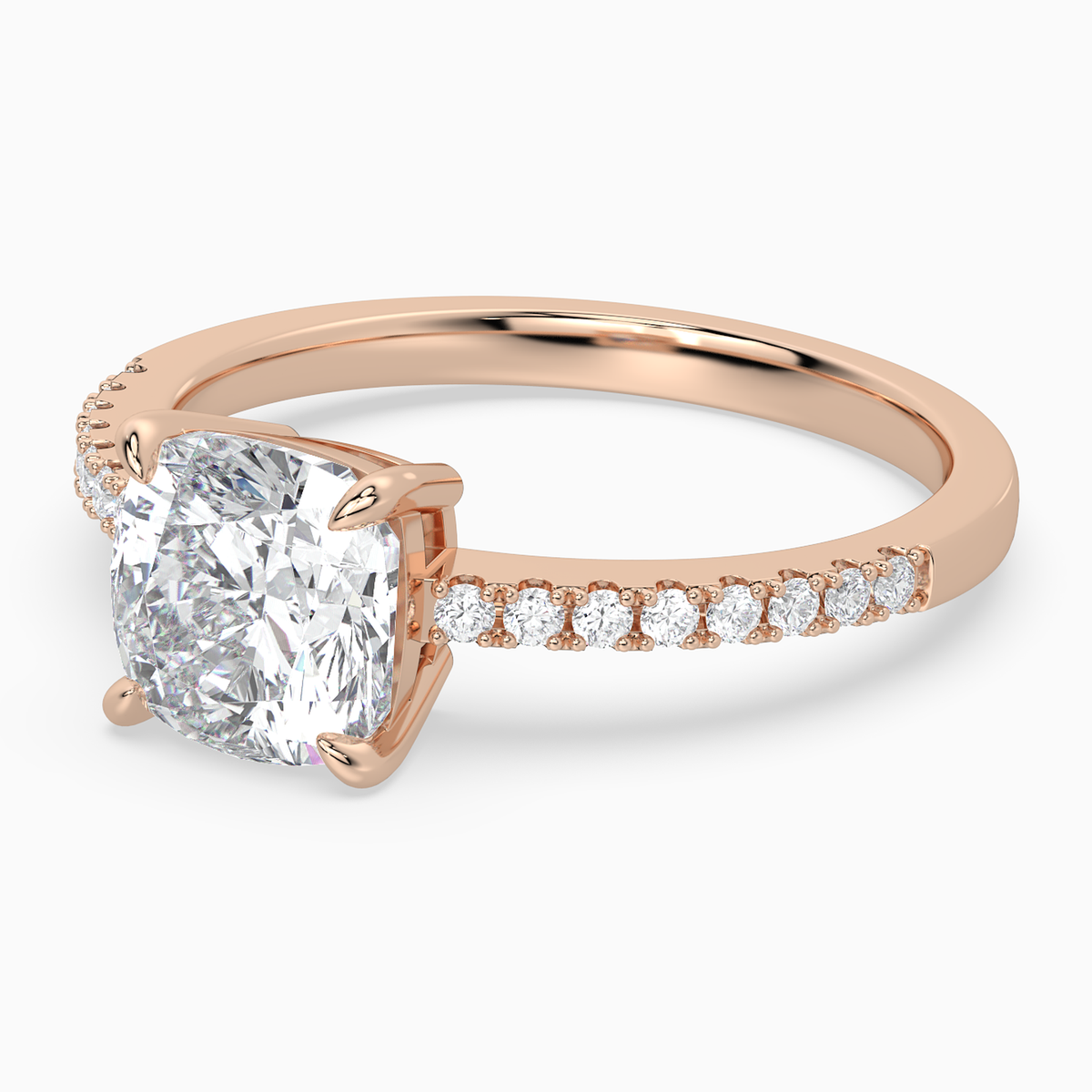 Cushion Classic Basket Pavé Solitaire in 14K Rose Gold top angle
