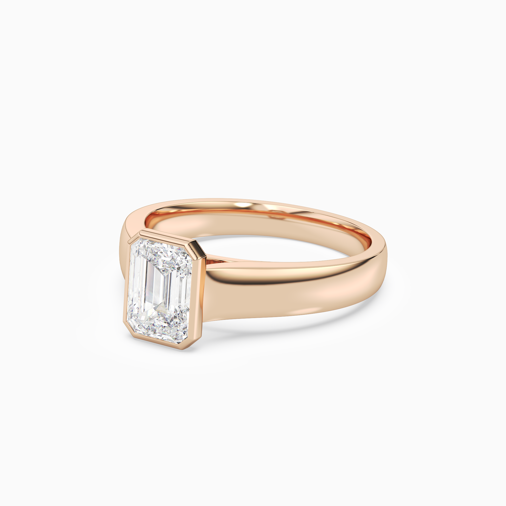 Emerald Wide Tapered Bezel Solitaire in 14K Rose Gold top angle