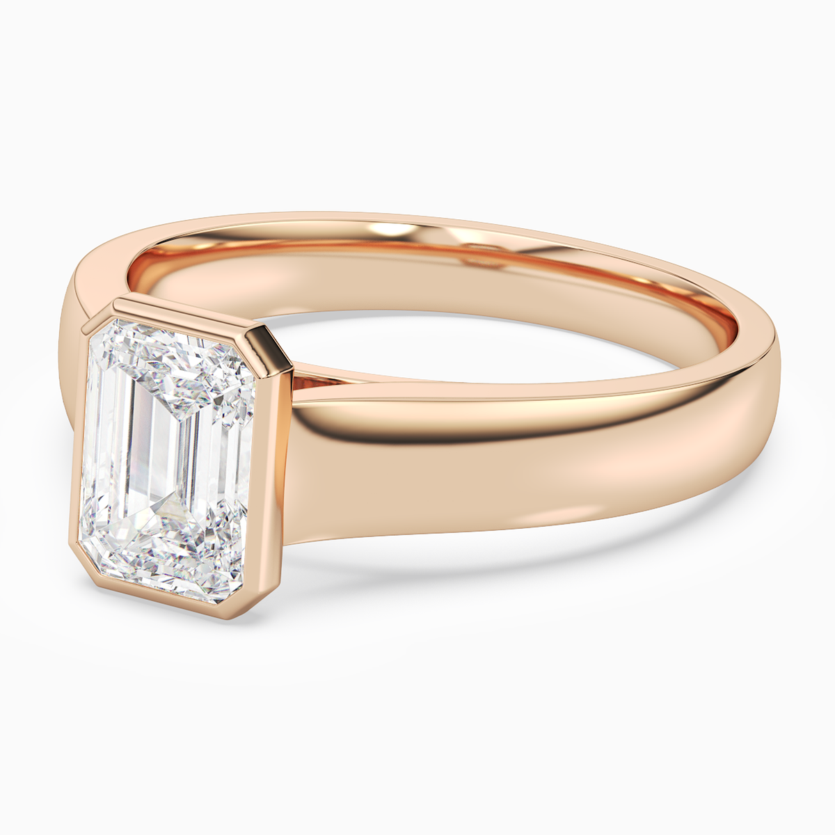 Emerald Wide Tapered Bezel Solitaire in 14K Rose Gold top angle