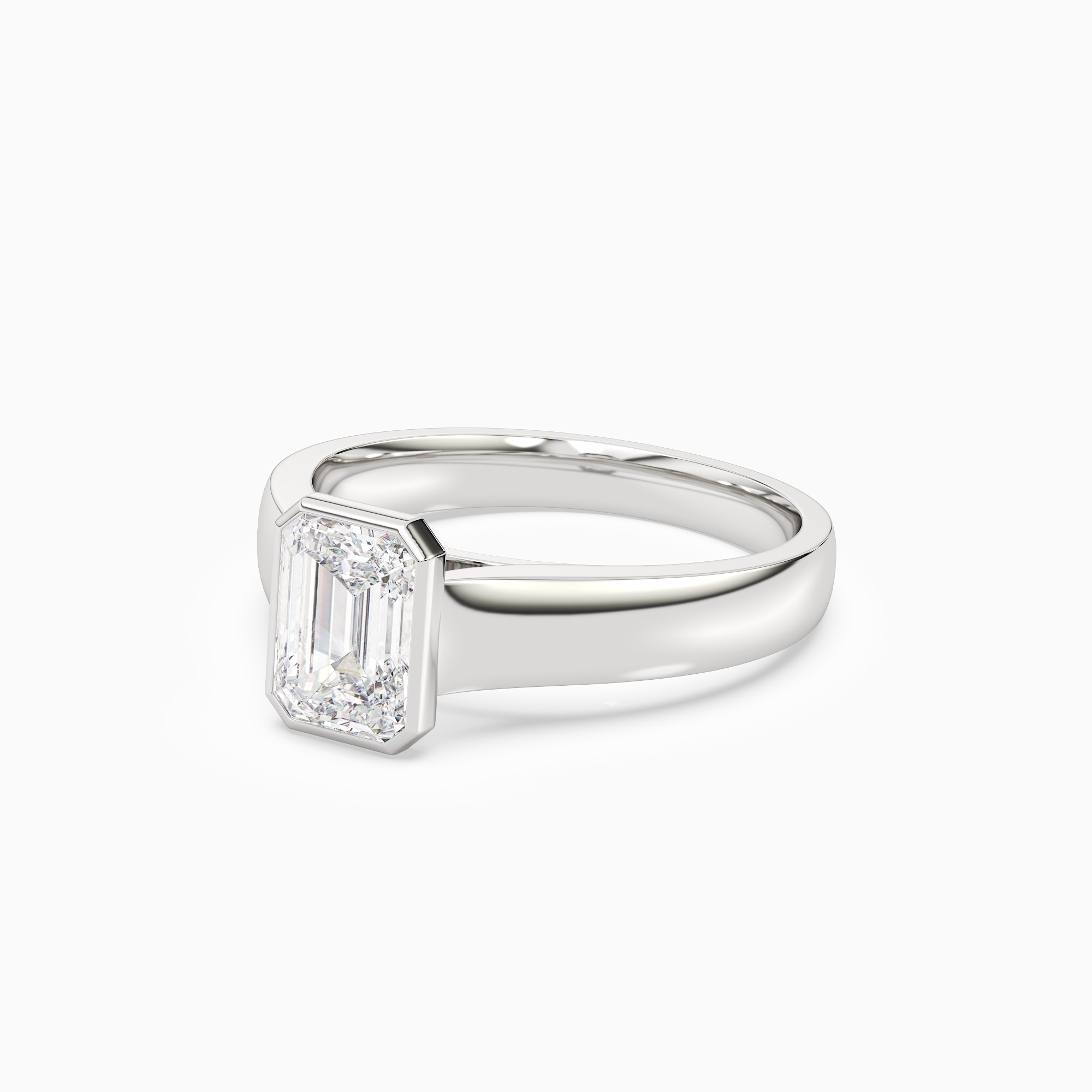 Emerald Wide Tapered Bezel Solitaire in 18K White Gold top angle