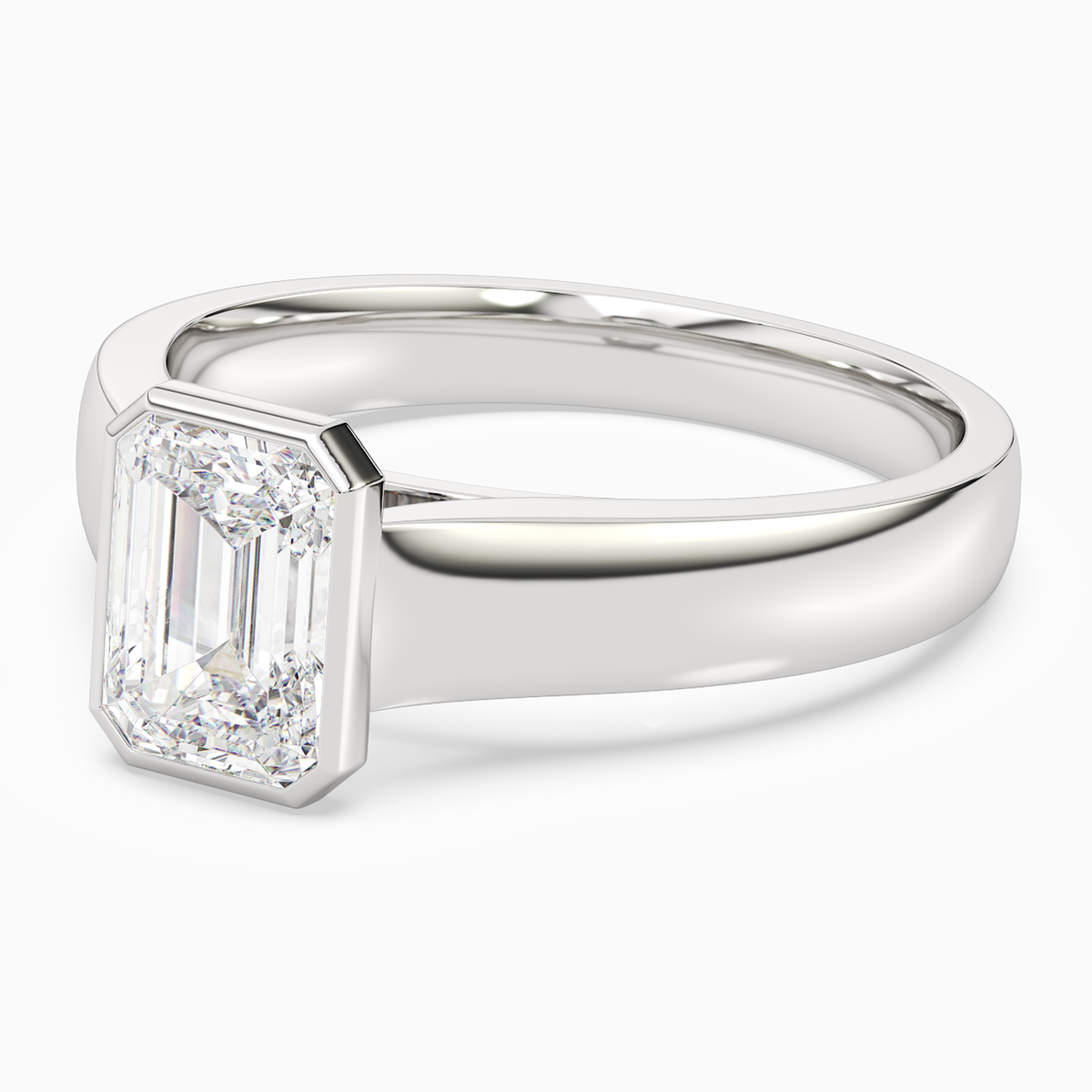 Emerald Wide Tapered Bezel Solitaire in 18K White Gold top angle