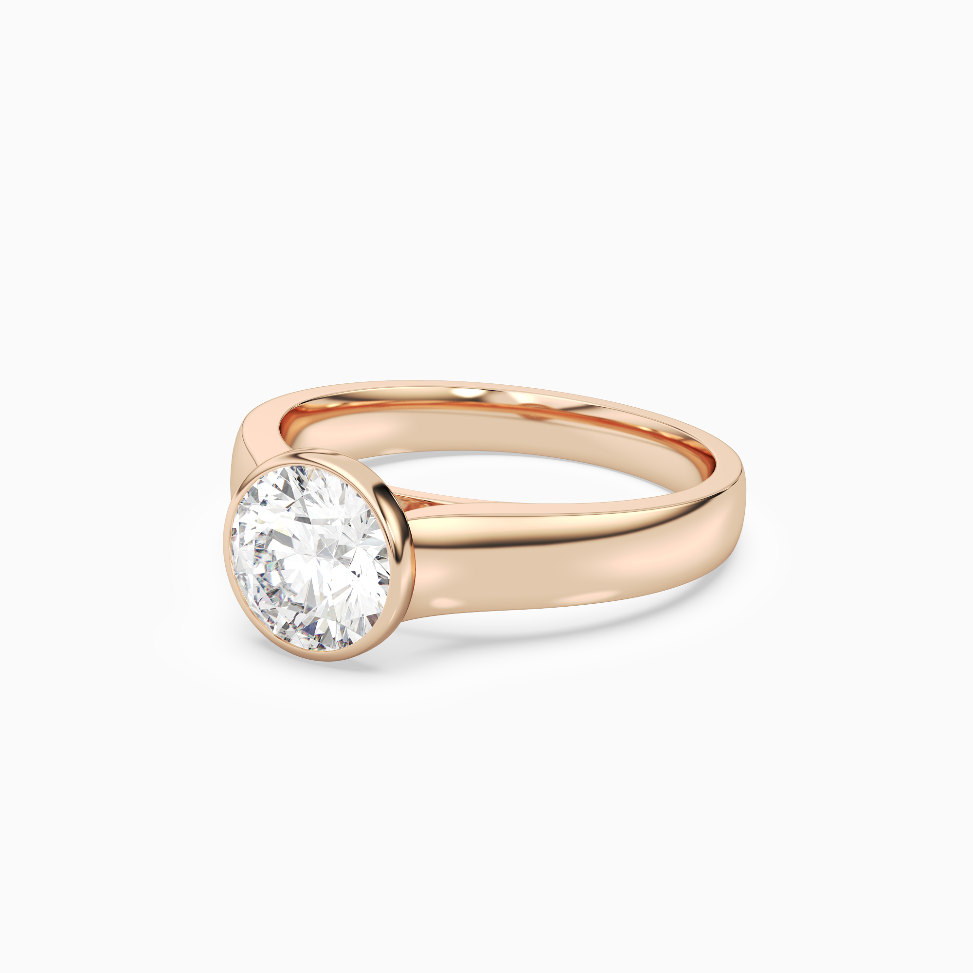 Round Wide Tapered Bezel Solitaire in 14K Rose Gold top angle