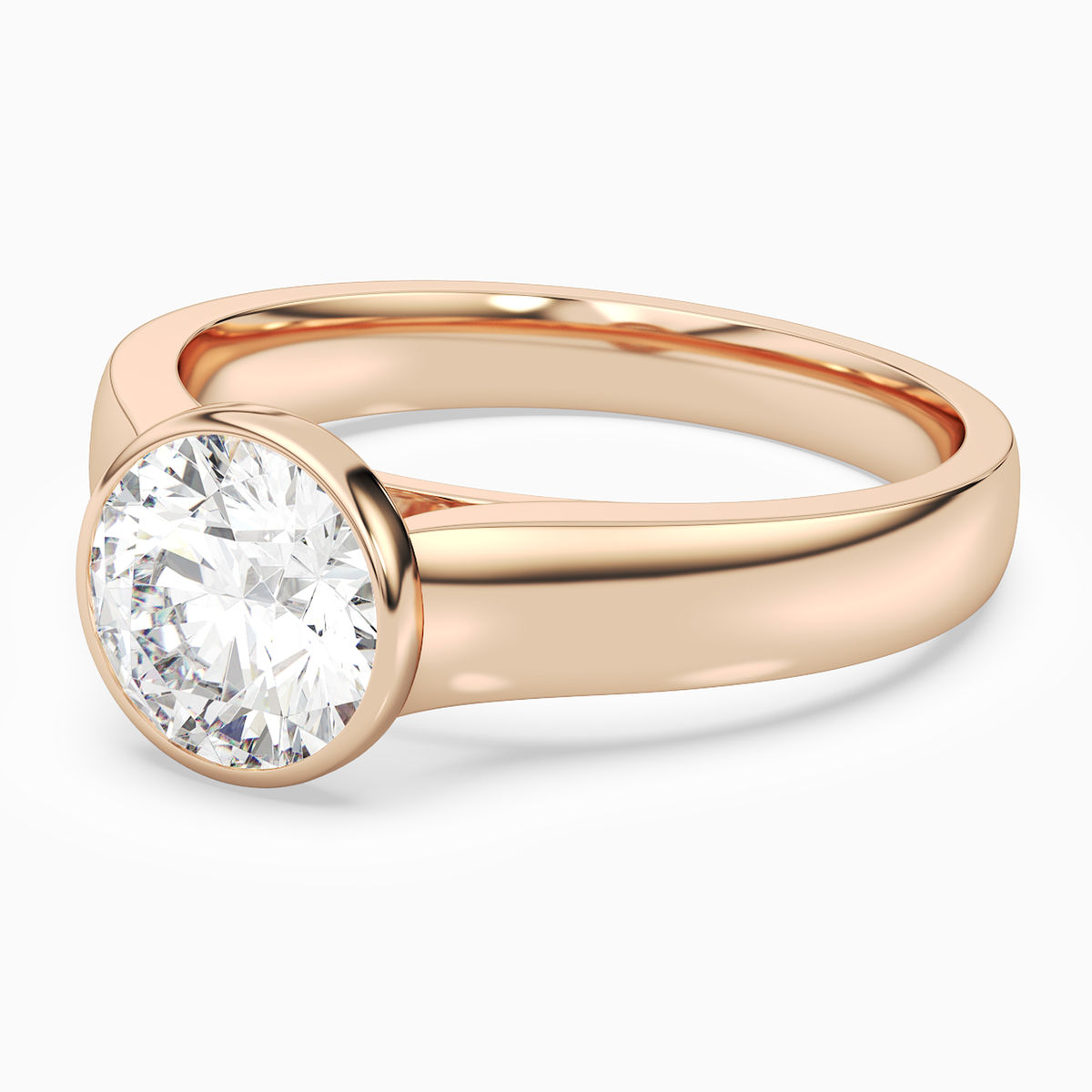 Round Wide Tapered Bezel Solitaire in 14K Rose Gold top angle