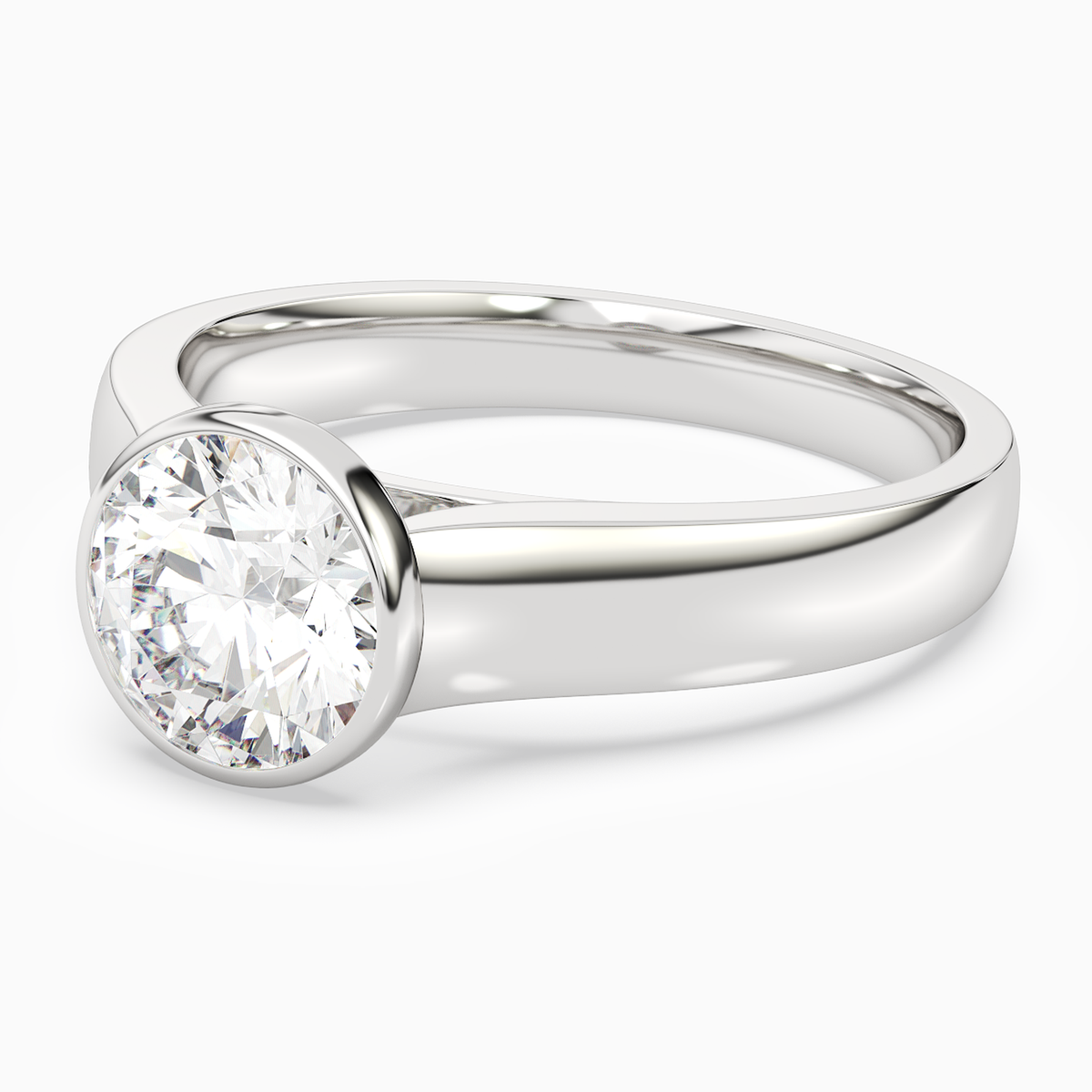 Round Wide Tapered Bezel Solitaire in 14K White Gold top angle