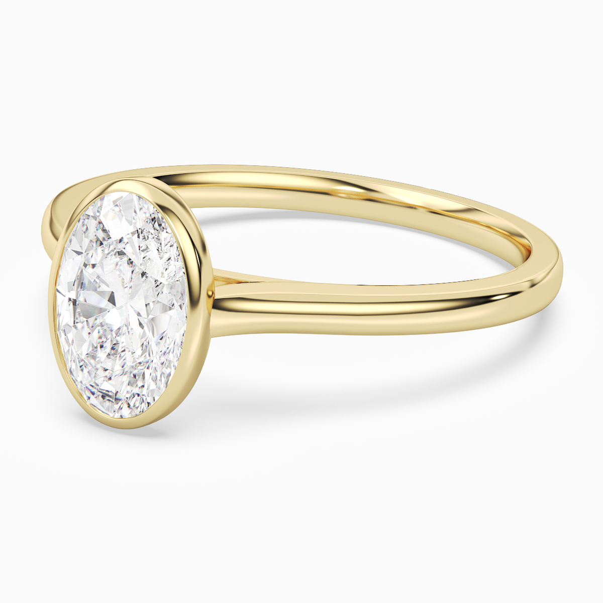 Oval Slim Tapered Bezel Solitaire in 18K Yellow Gold top angle