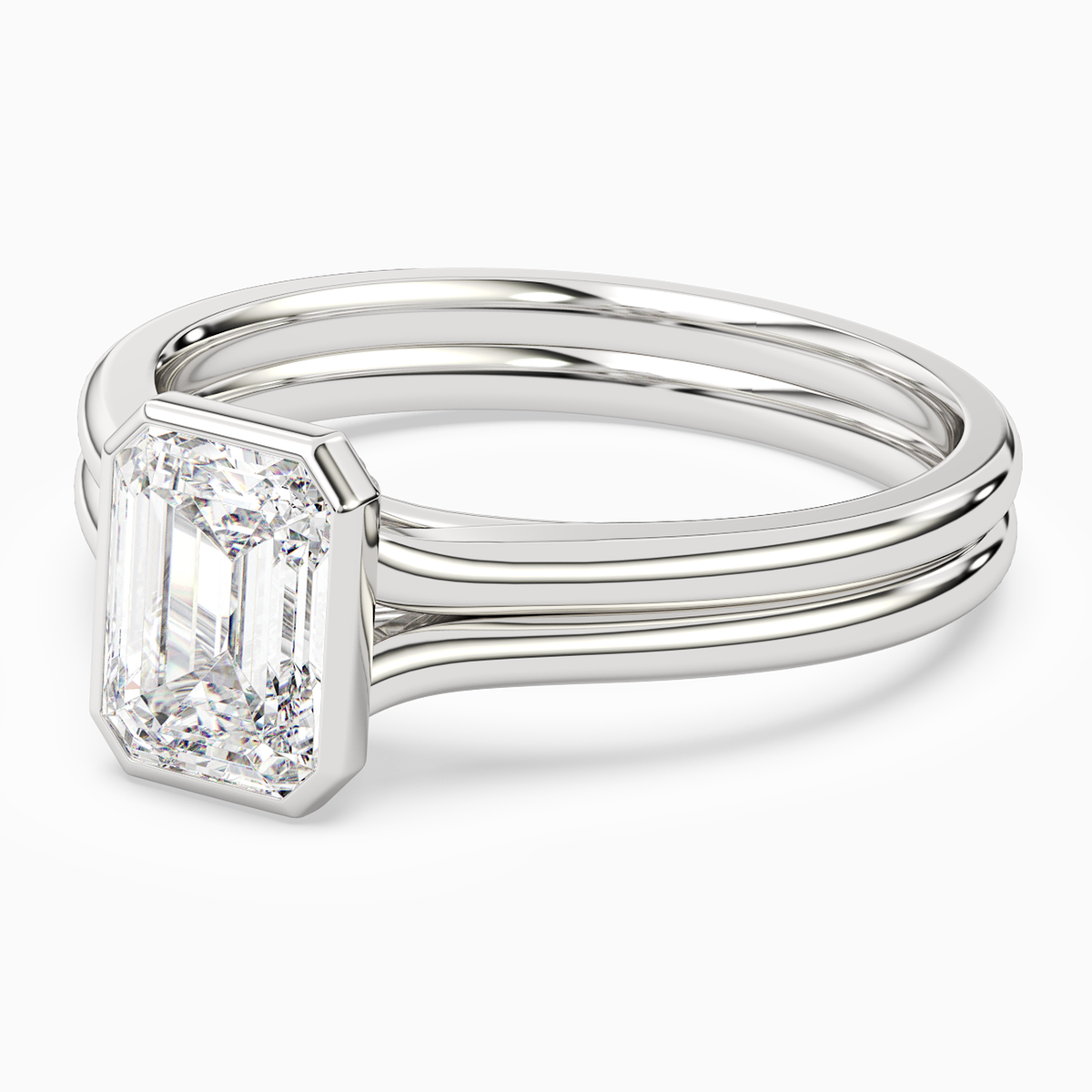 Emerald Stacked Band Bezel Solitaire in 14K White Gold top angle