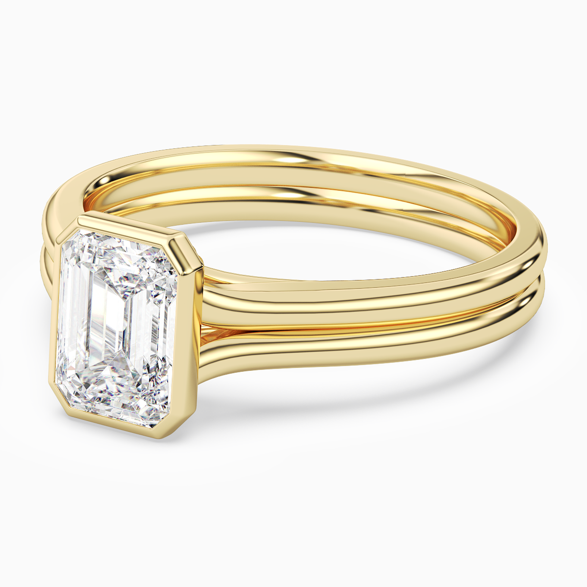 Emerald Stacked Band Bezel Solitaire in 14K Yellow Gold top angle