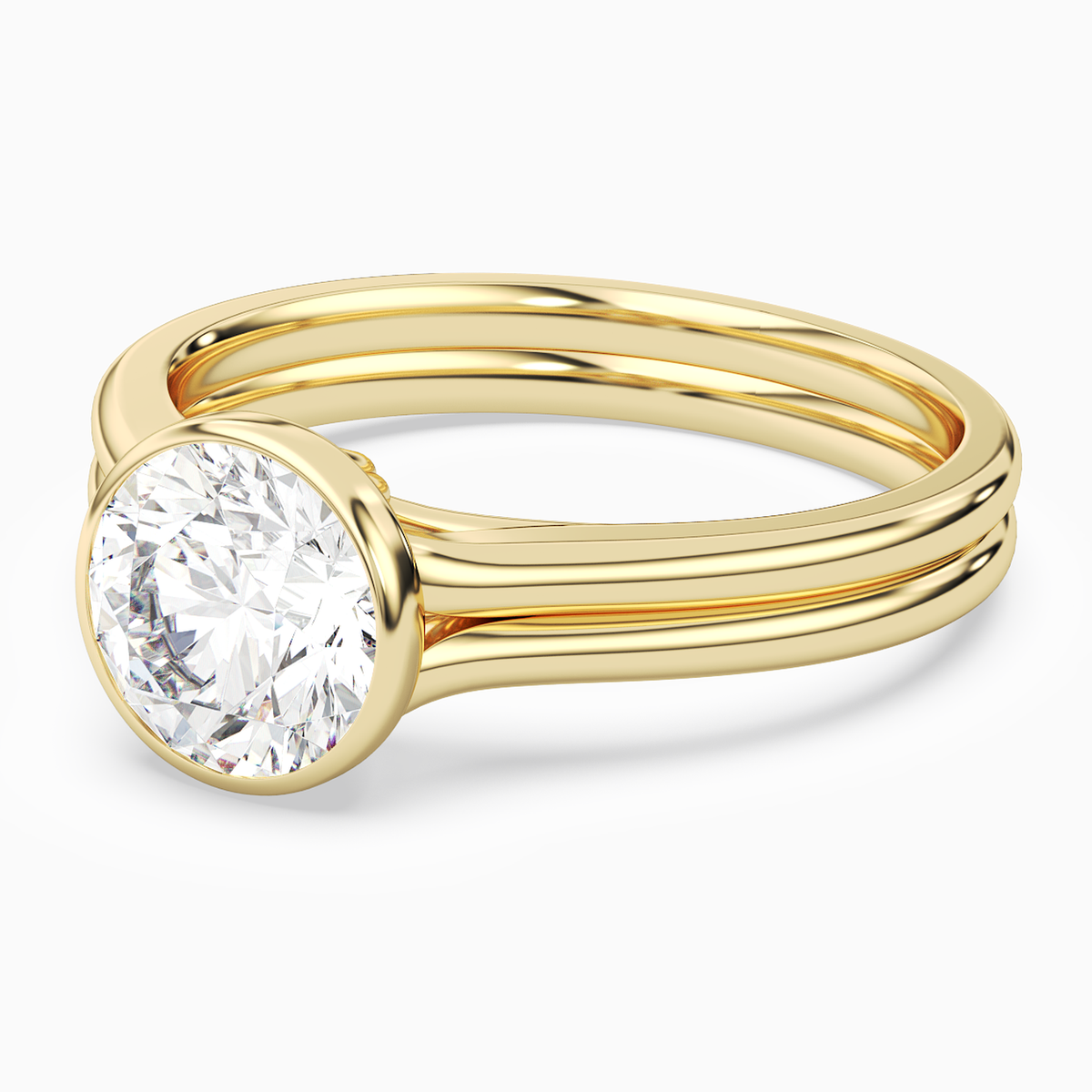 Round Stacked Band Bezel Solitaire in 14K Yellow Gold top angle