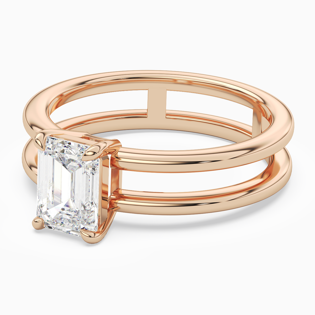 Emerald Open Double Shank Solitaire in 14K Rose Gold top angle