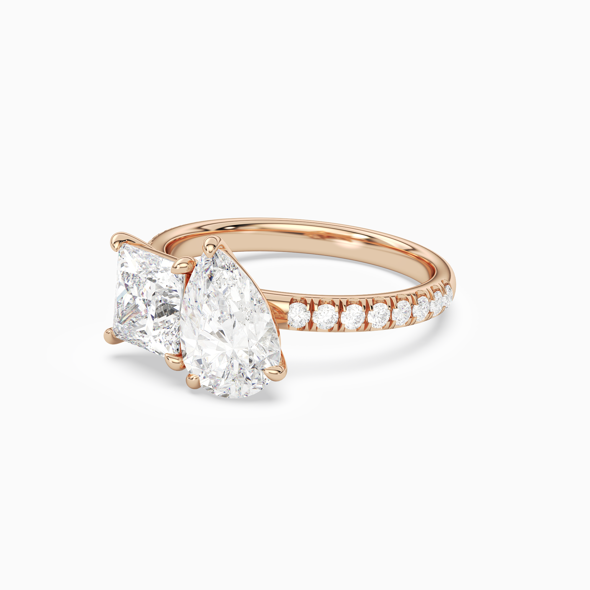 Princess & Pear Accented Toi Et Moi in 14K Rose Gold top angle