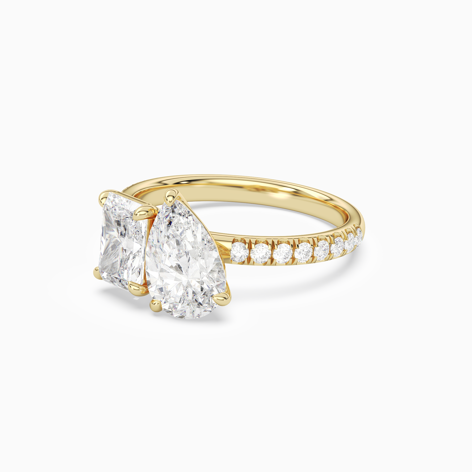 Radiant & Pear Accented Toi Et Moi in 18K Yellow Gold top angle