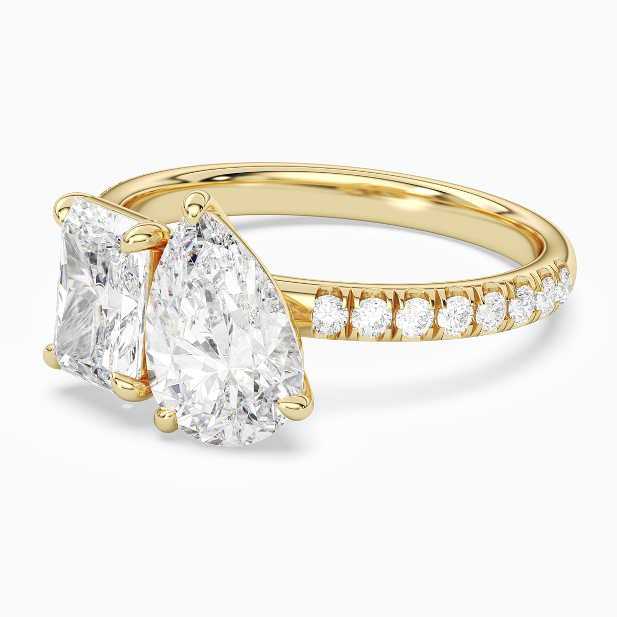 Radiant & Pear Accented Toi Et Moi in 18K Yellow Gold top angle