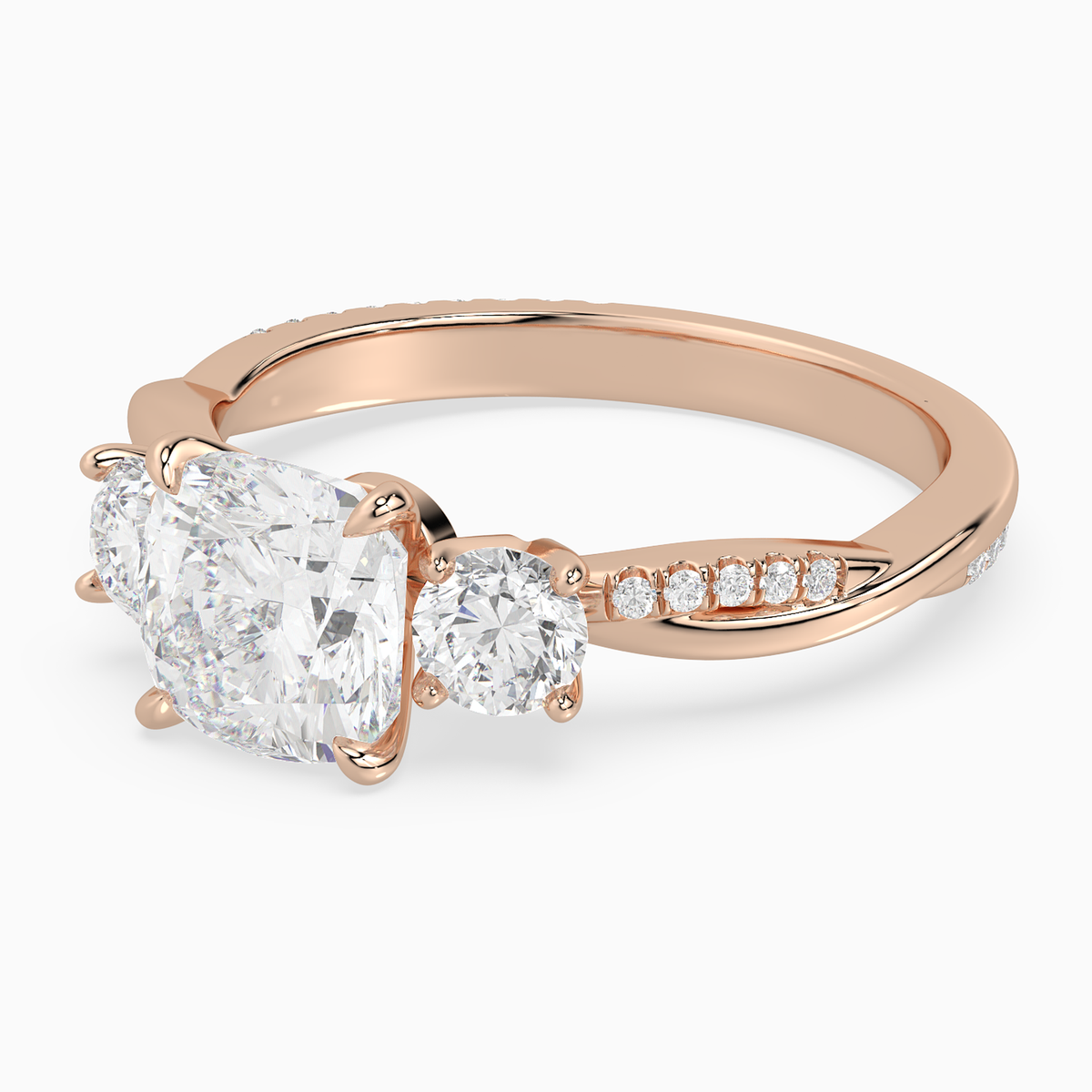 Cushion Twisted Vine Three Stone in 14K Rose Gold top angle