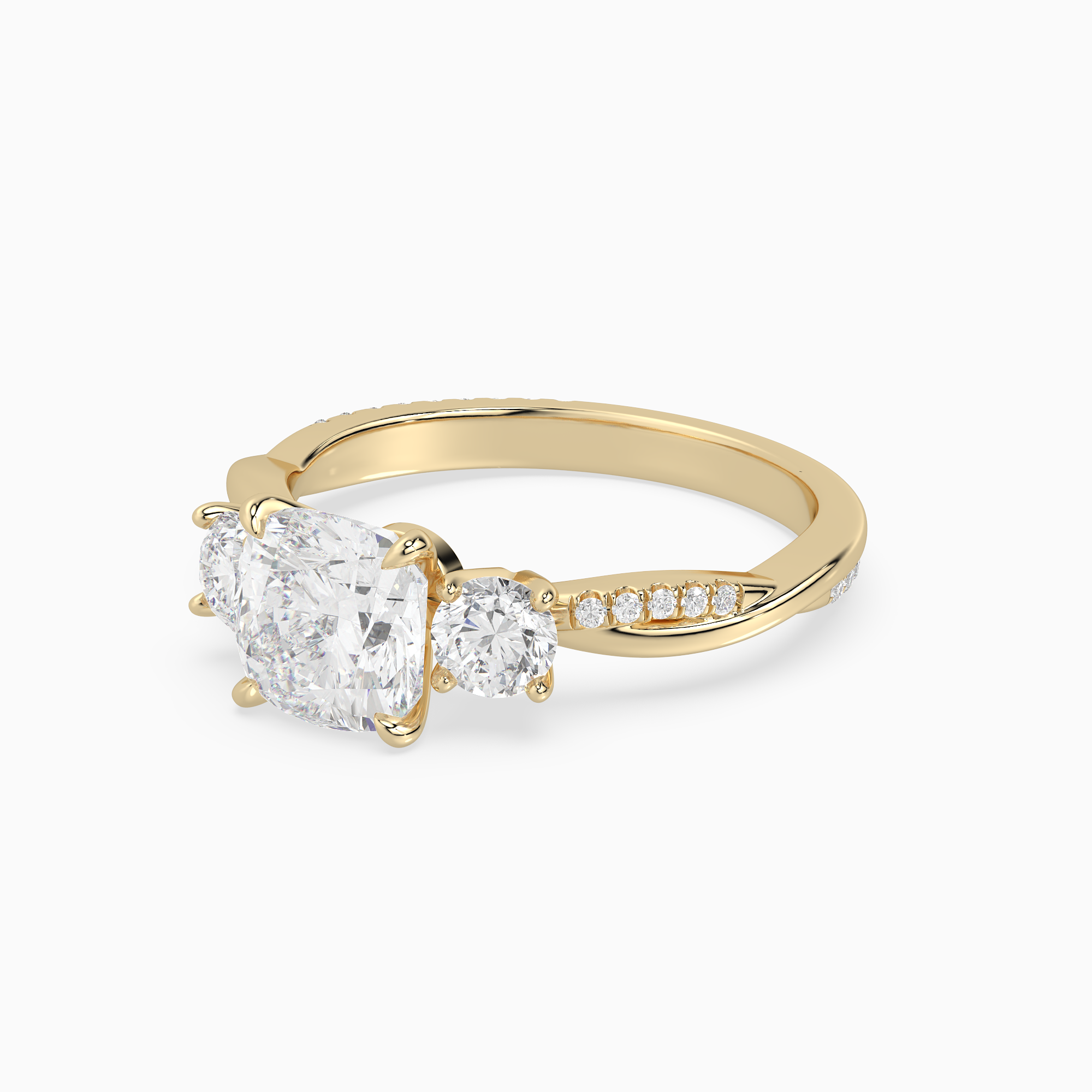Cushion Twisted Vine Three Stone in 14K Yellow Gold top angle
