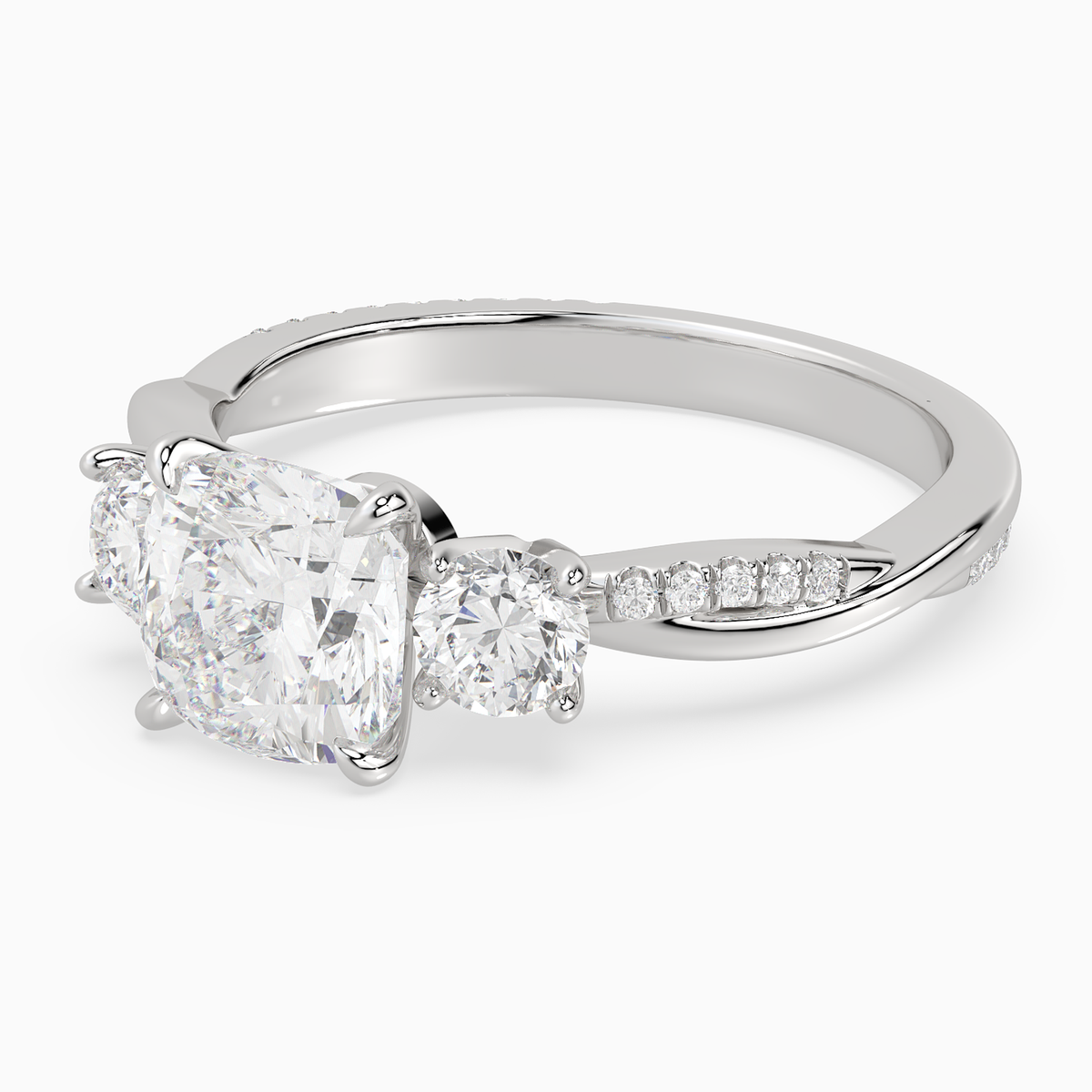 Cushion Twisted Vine Three Stone in Platinum top angle