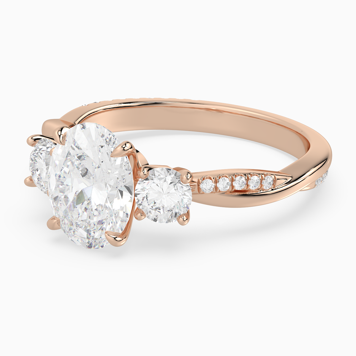 Oval Twisted Vine Three Stone in 14K Rose Gold top angle