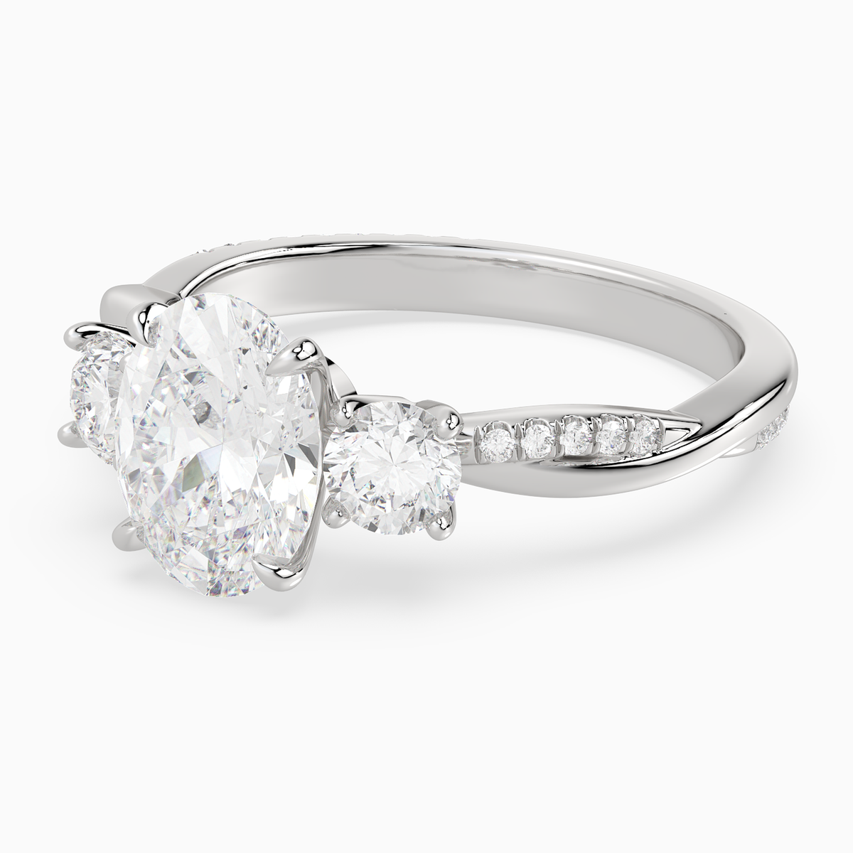 Oval Twisted Vine Three Stone in 14K White Gold top angle