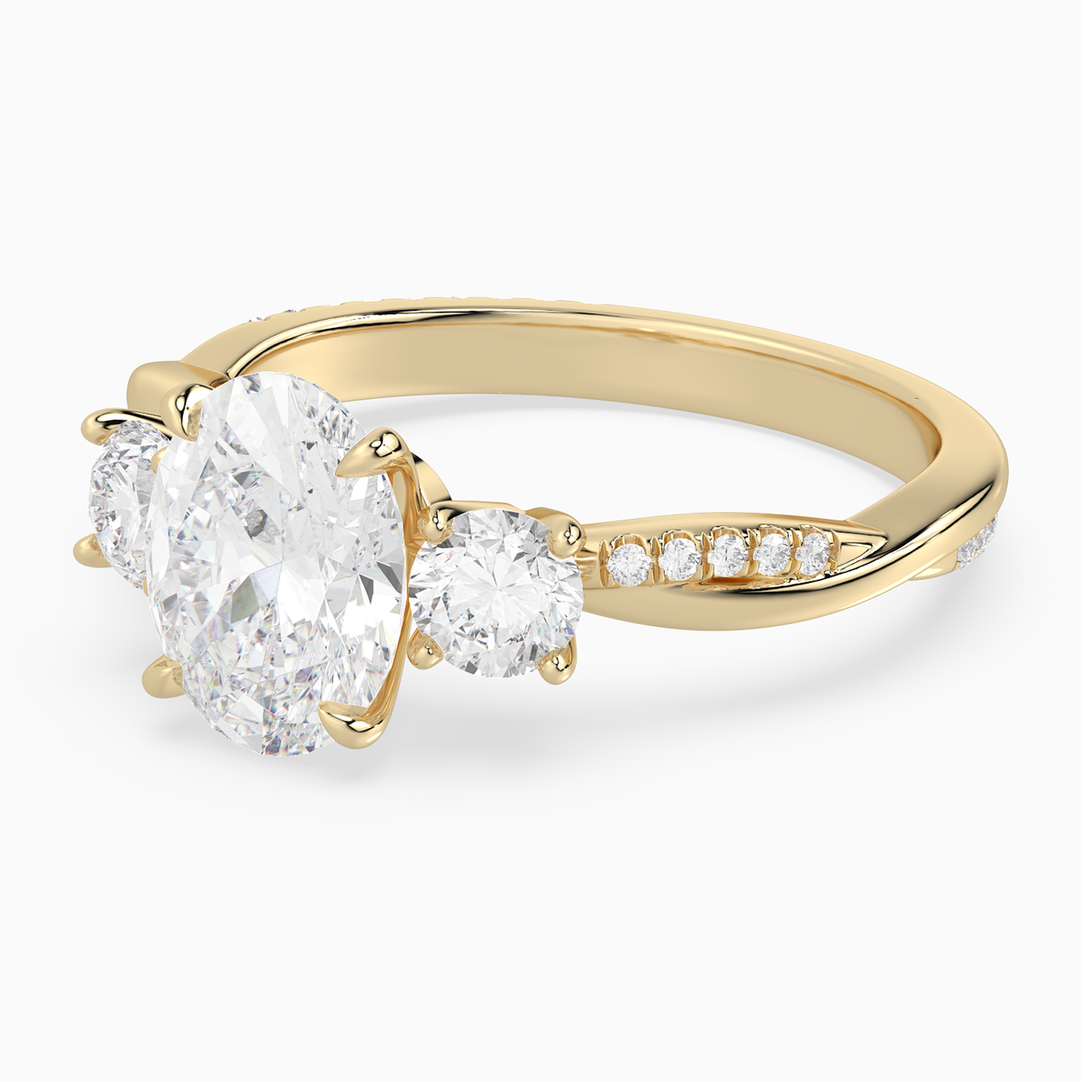 Oval Twisted Vine Three Stone in 18K Yellow Gold top angle