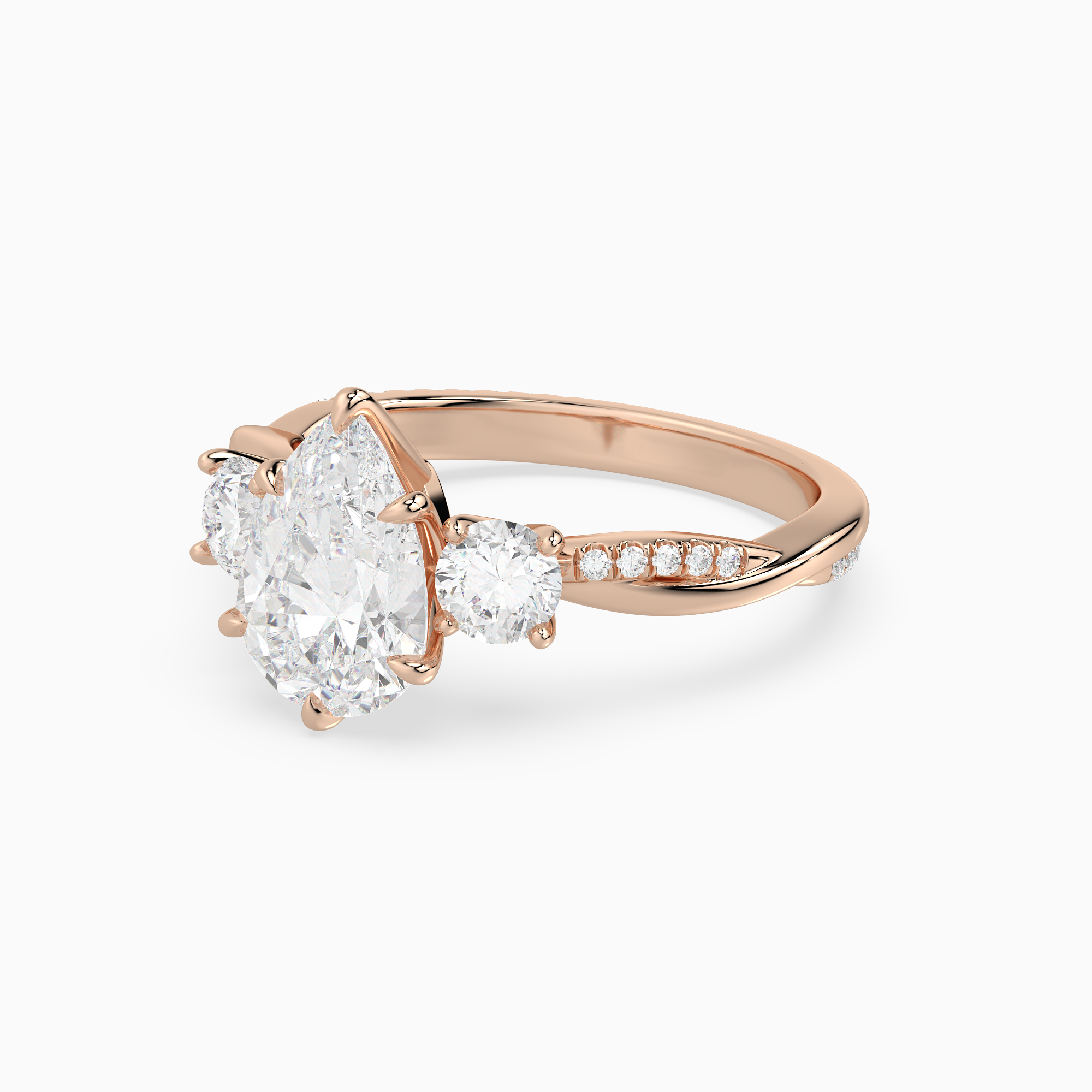 Pear Twisted Vine Three Stone in 14K Rose Gold top angle