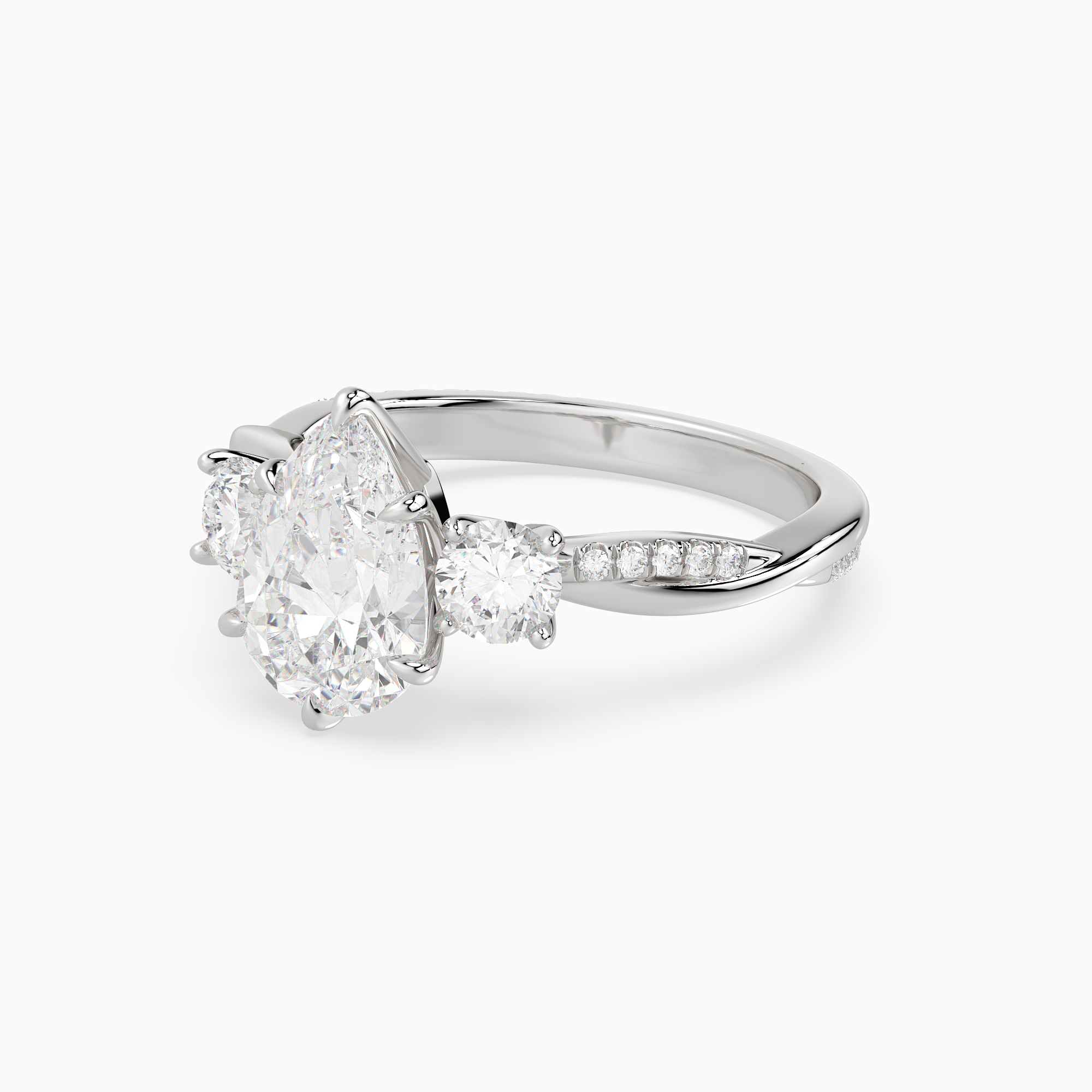 Pear Twisted Vine Three Stone in 14K White Gold top angle