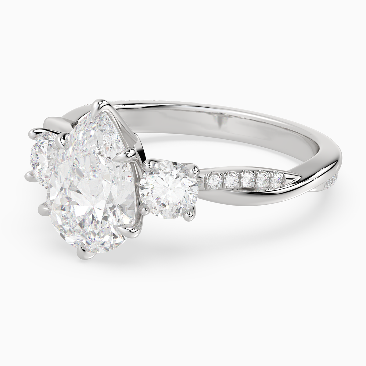 Pear Twisted Vine Three Stone in 14K White Gold top angle