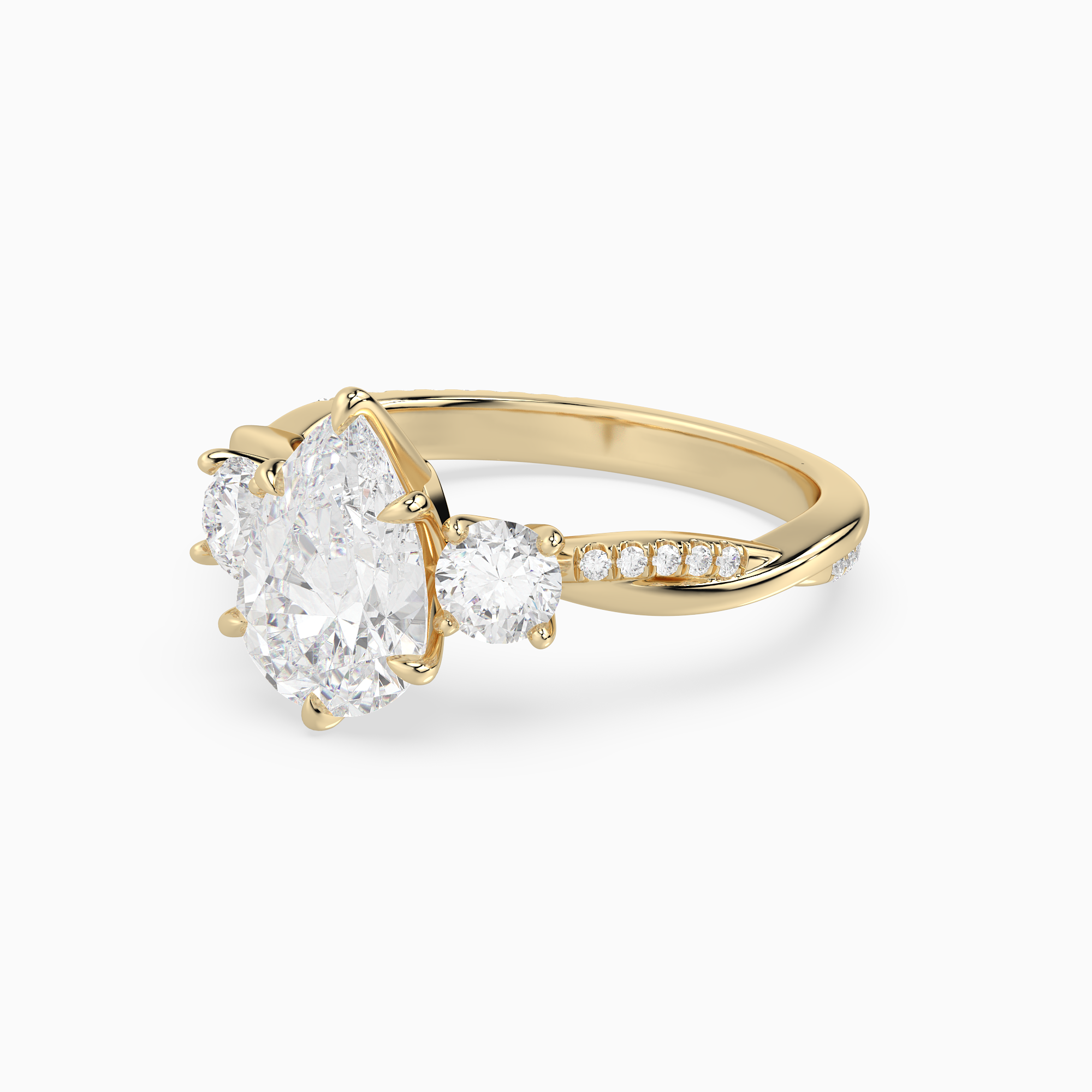 Pear Twisted Vine Three Stone in 18K Yellow Gold top angle