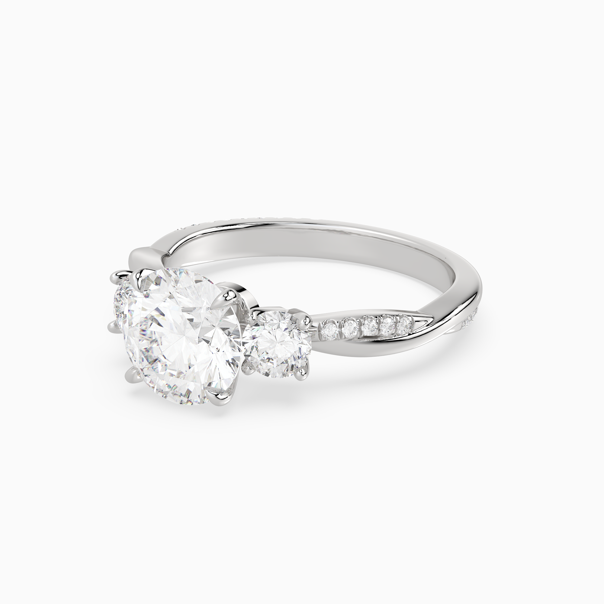 Round Twisted Vine Three Stone in 18K White Gold top angle