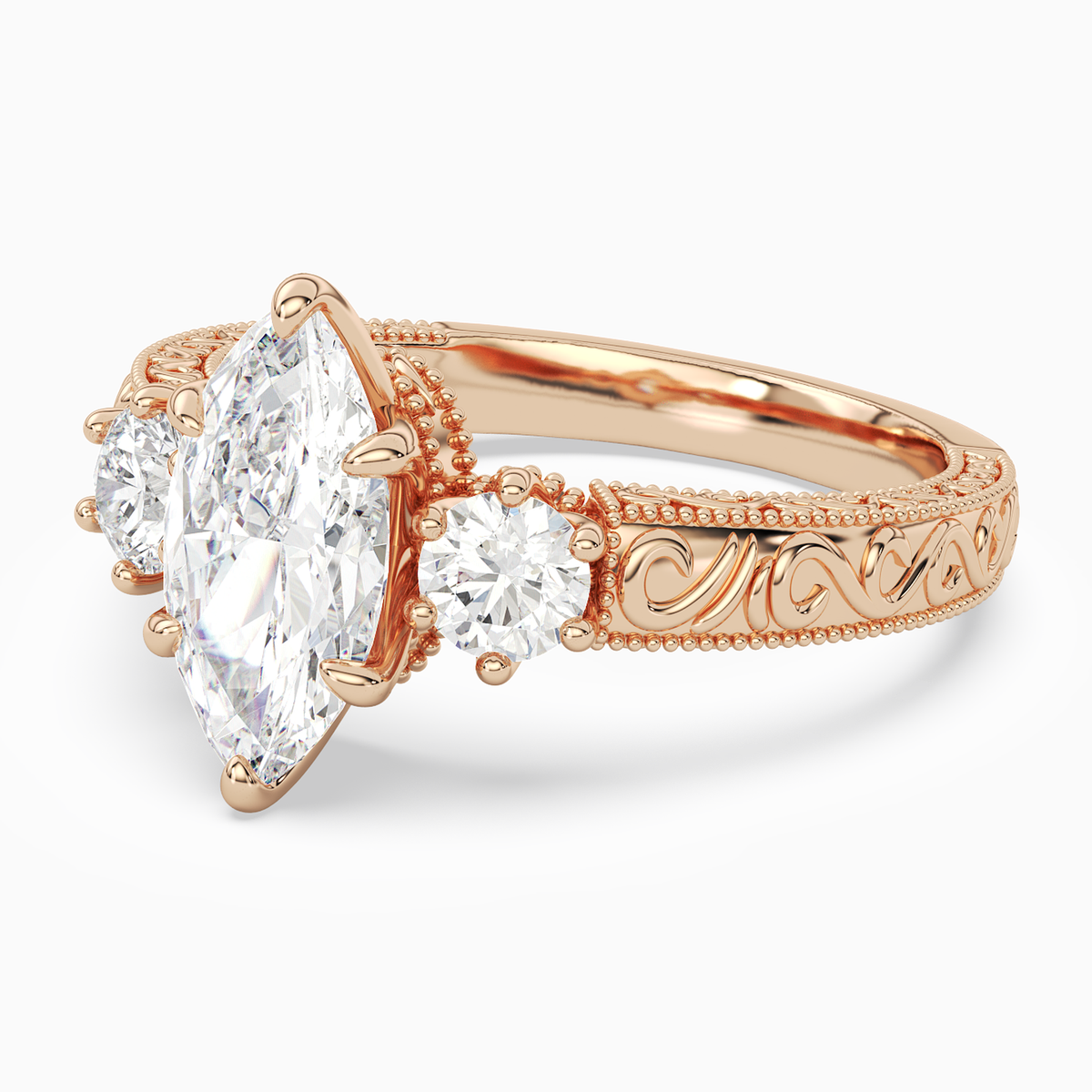 Marquise Engraved Vintage Three Stone in 14K Rose Gold top angle