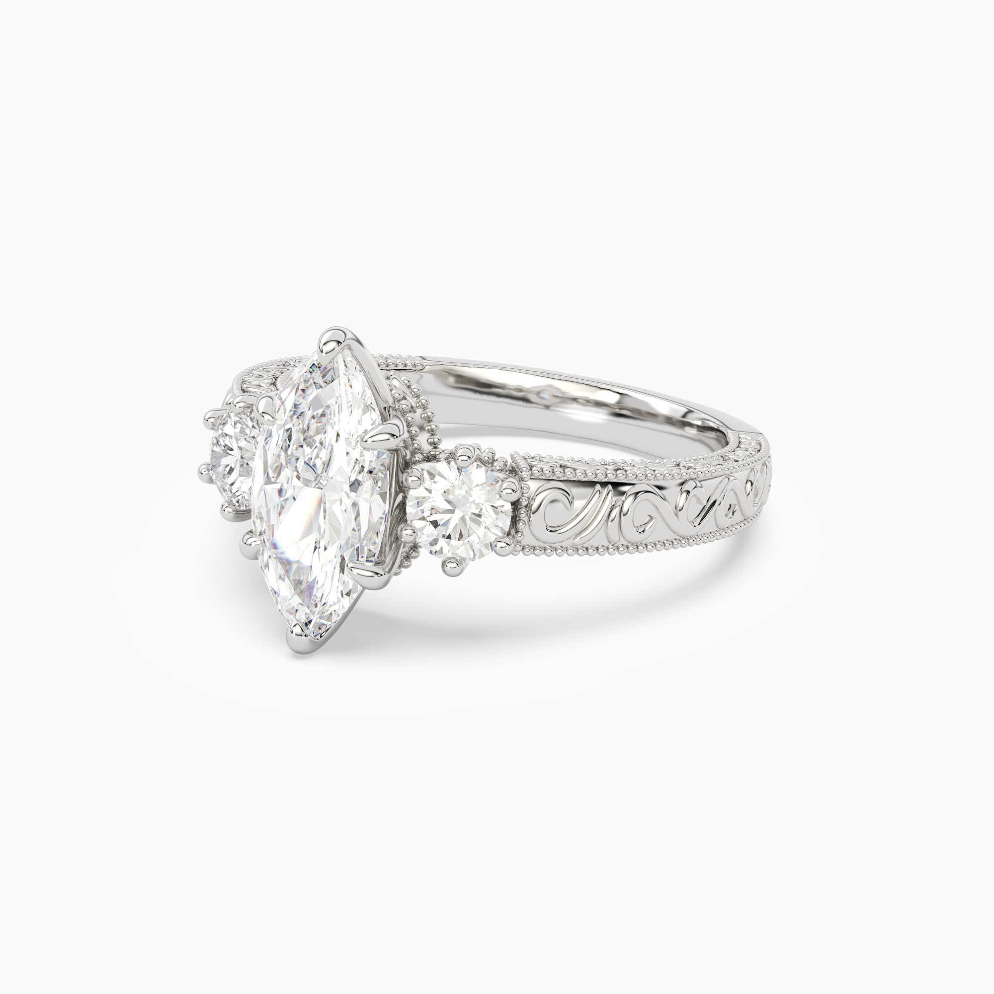 Marquise Engraved Vintage Three Stone in 14K White Gold top angle