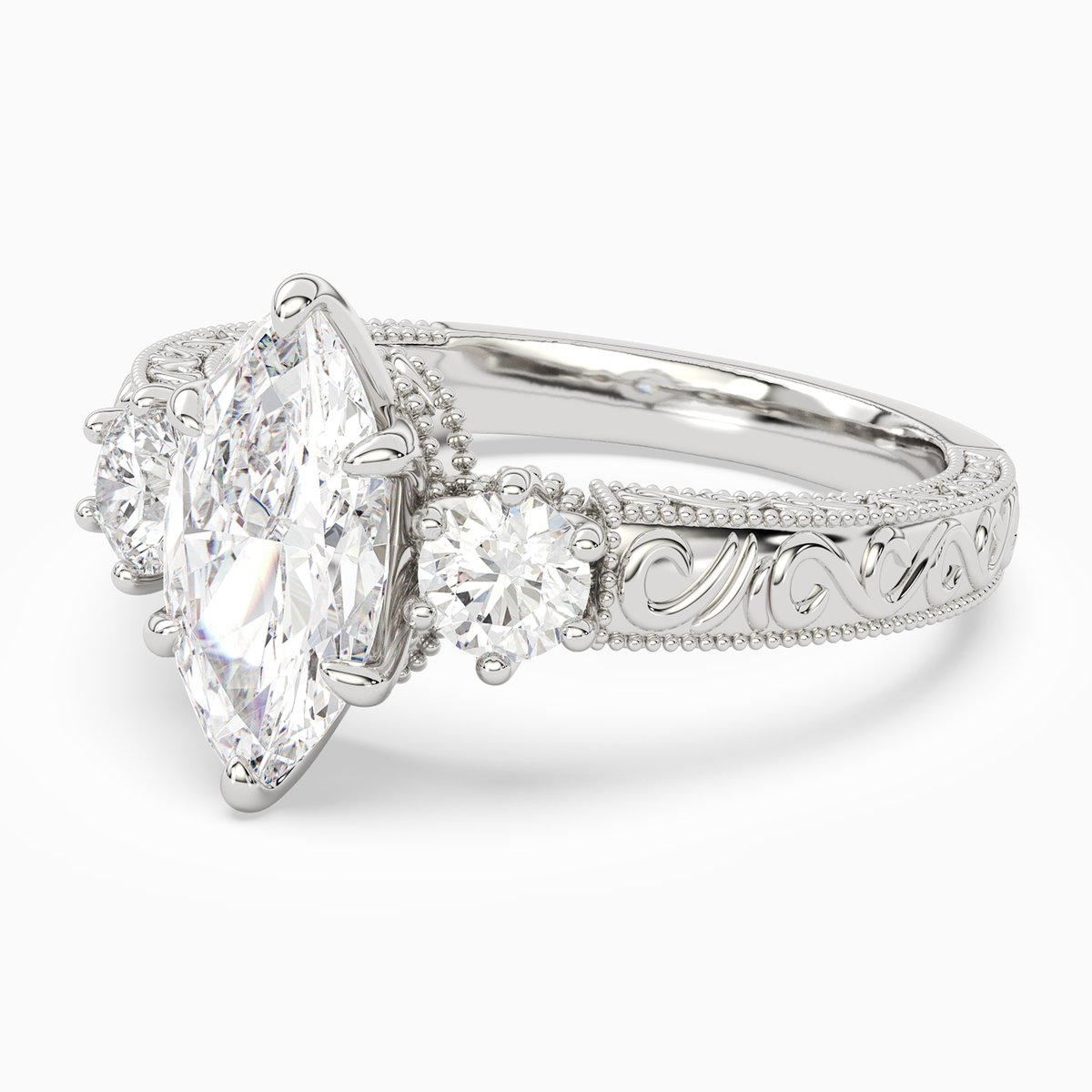 Marquise Engraved Vintage Three Stone in 14K White Gold top angle