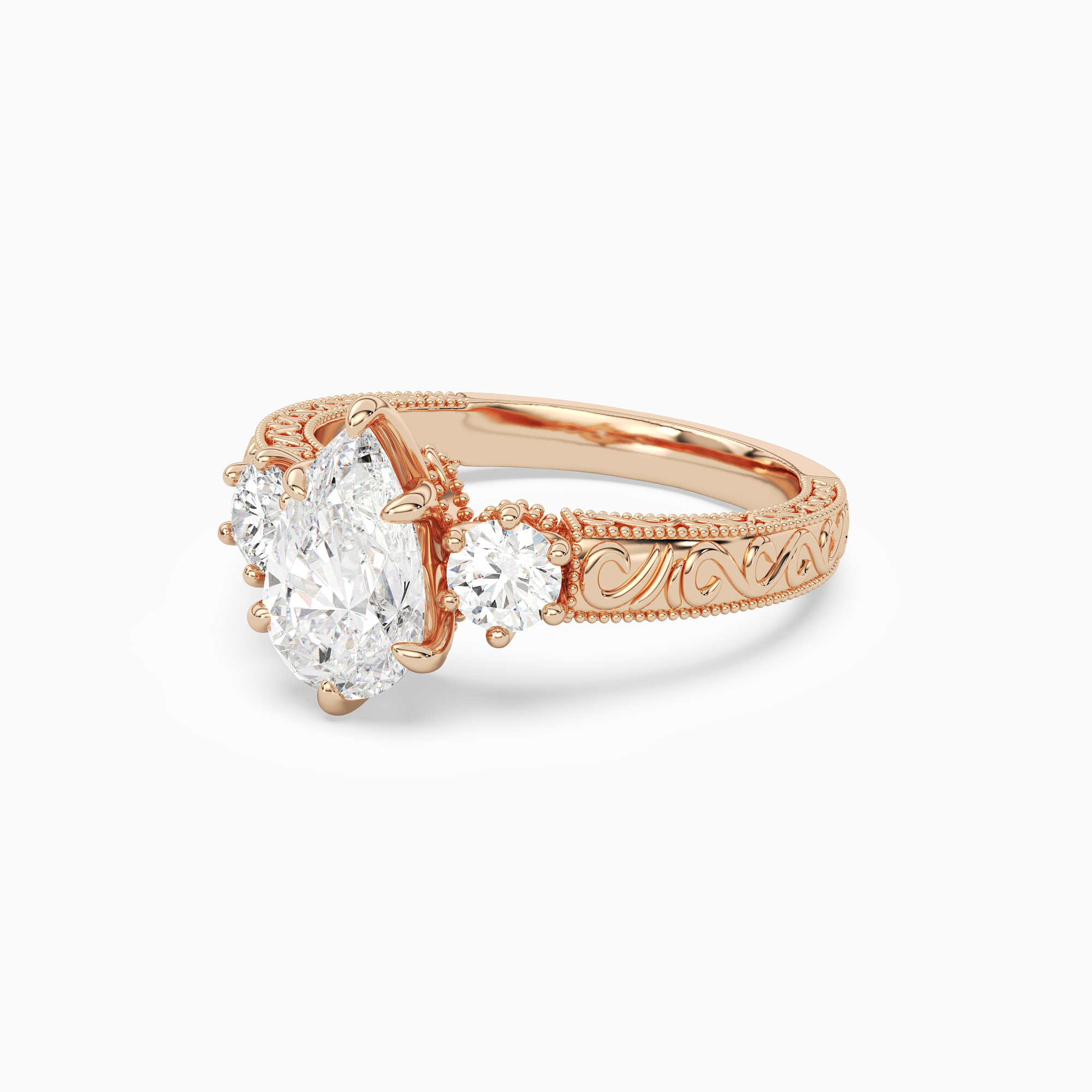 Pear Engraved Vintage Three Stone in 14K Rose Gold top angle