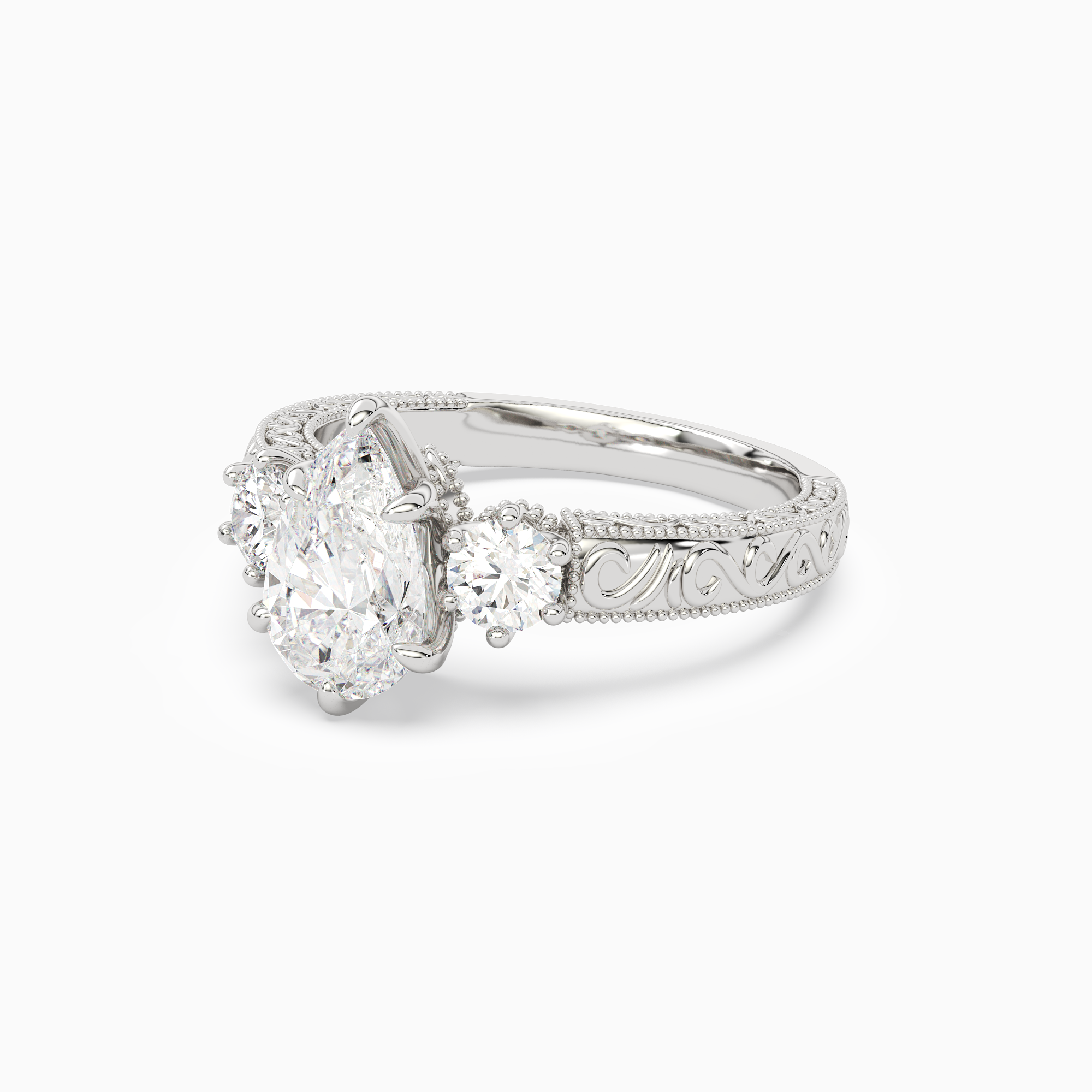 Pear Engraved Vintage Three Stone in 14K White Gold top angle