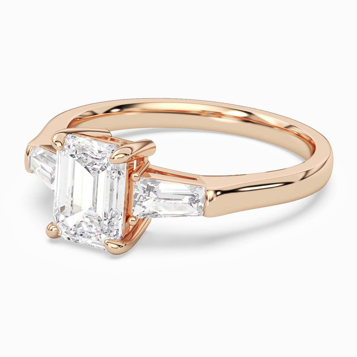 Emerald Baguette Three Stone Large Sides in 14K Rose Gold top angle