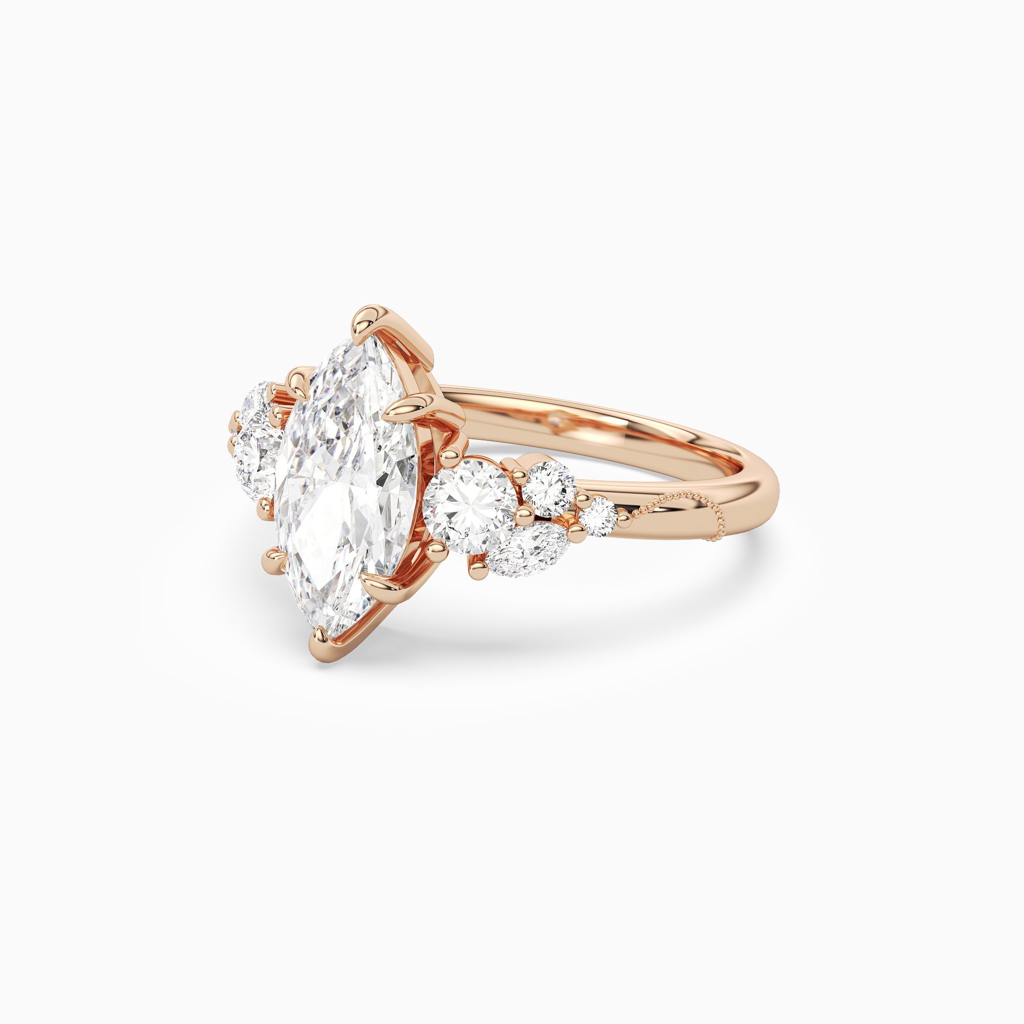 Marquise Composite Three Stone Ring in 14K Rose Gold top angle