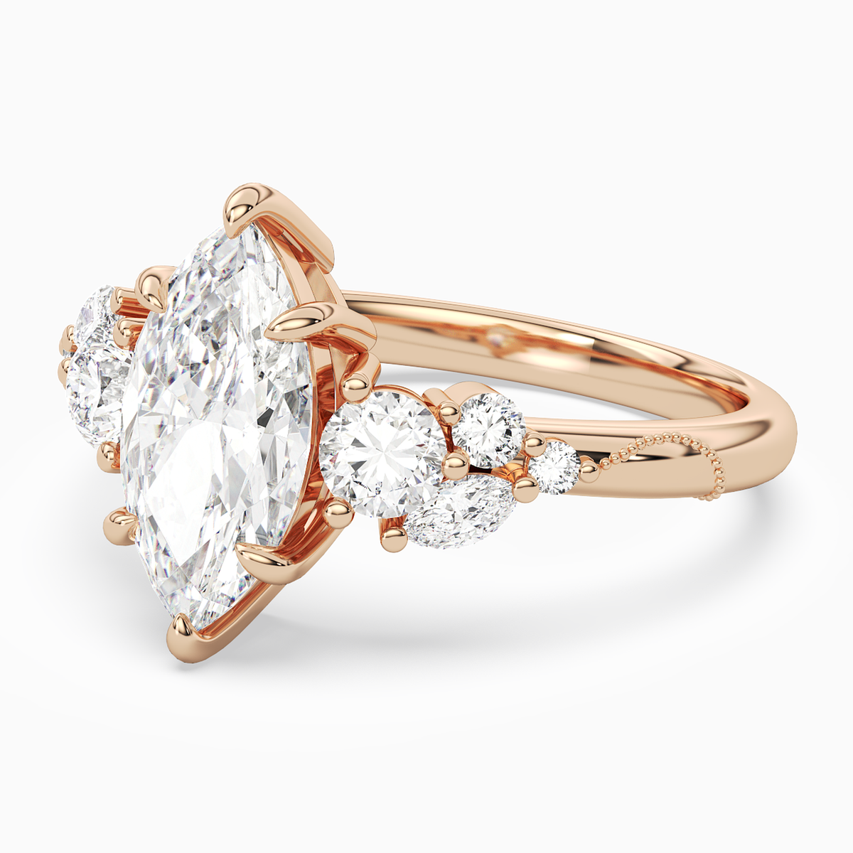 Marquise Composite Three Stone Ring in 14K Rose Gold top angle