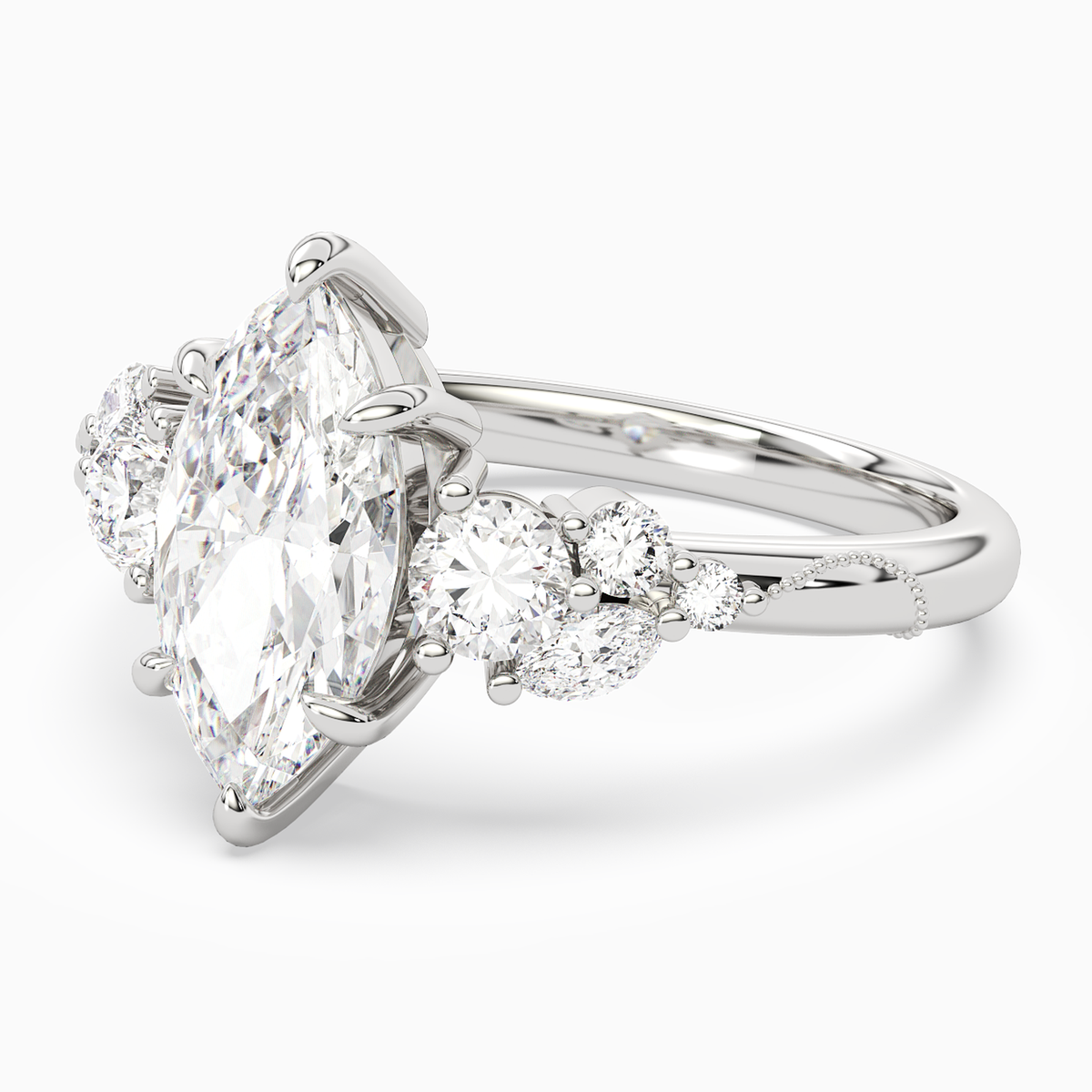 Marquise Composite Three Stone Ring in 14K White Gold top angle