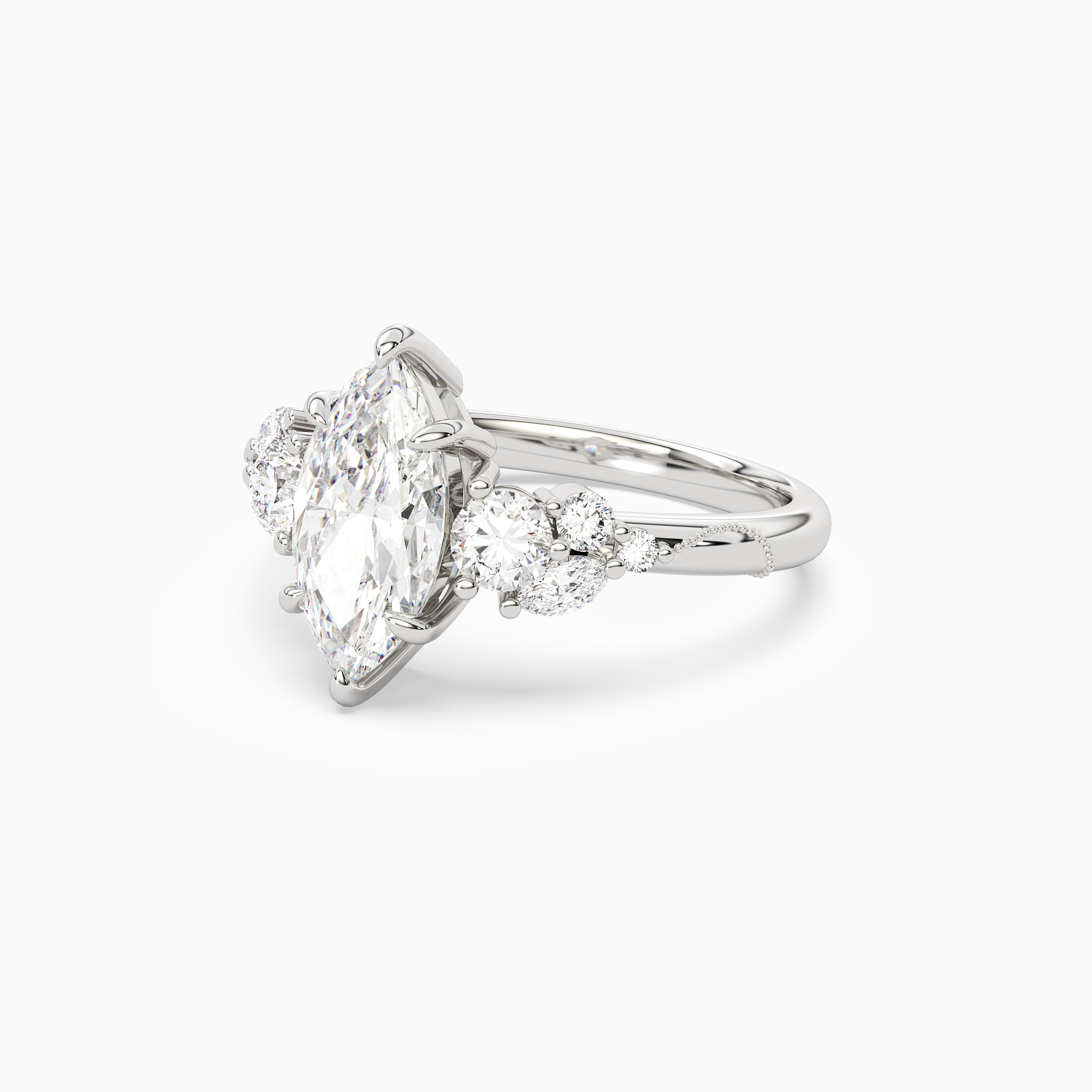 Marquise Composite Three Stone Ring in 18K White Gold top angle
