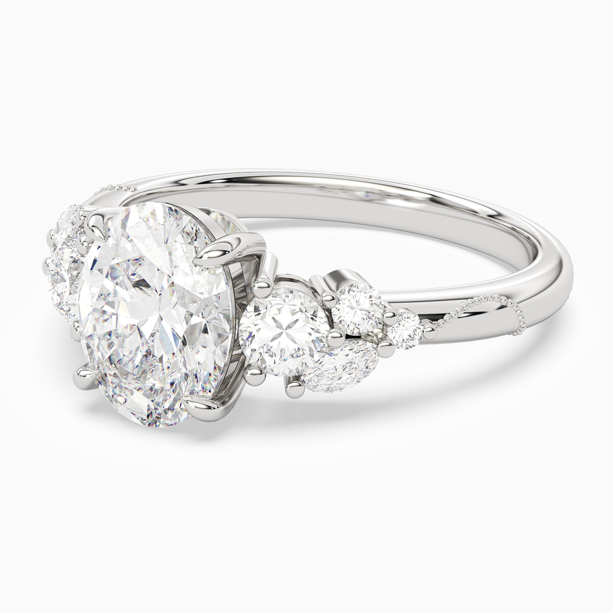 Oval Composite Three Stone Ring in 14K White Gold top angle