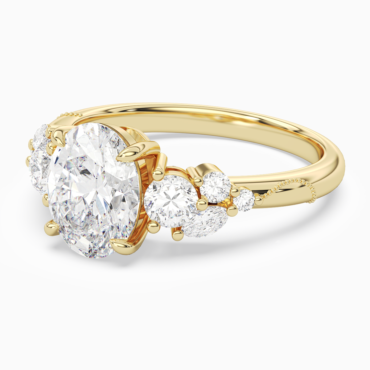 Oval Composite Three Stone Ring in 18K Yellow Gold top angle