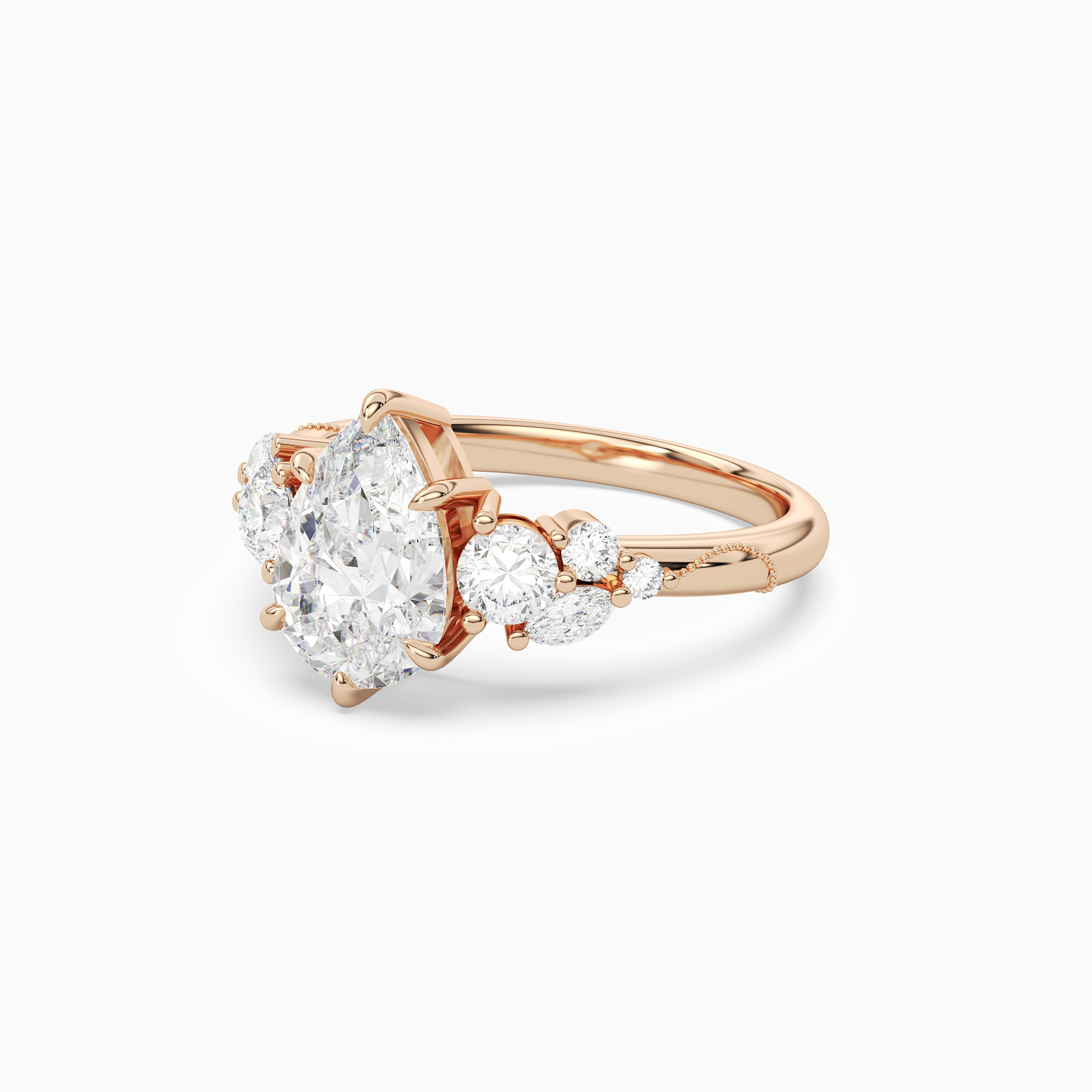 Pear Composite Three Stone Ring in 14K Rose Gold top angle
